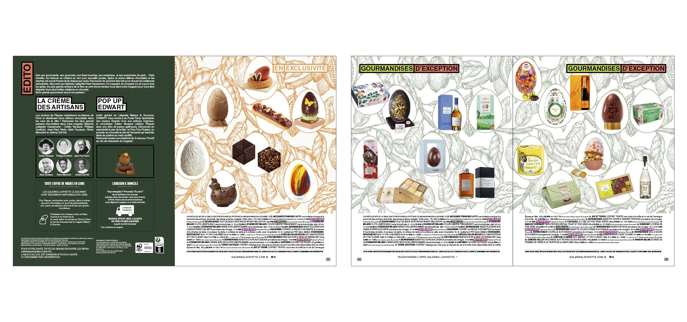 Page de catalogue présentant des produits gourmands et de confiserie, incluant des chocolats, des chocolats d'exception, des articles artisanaux, et des produits de luxe, avec une rubrique sur les offres exclusives et la livraison à domicile.