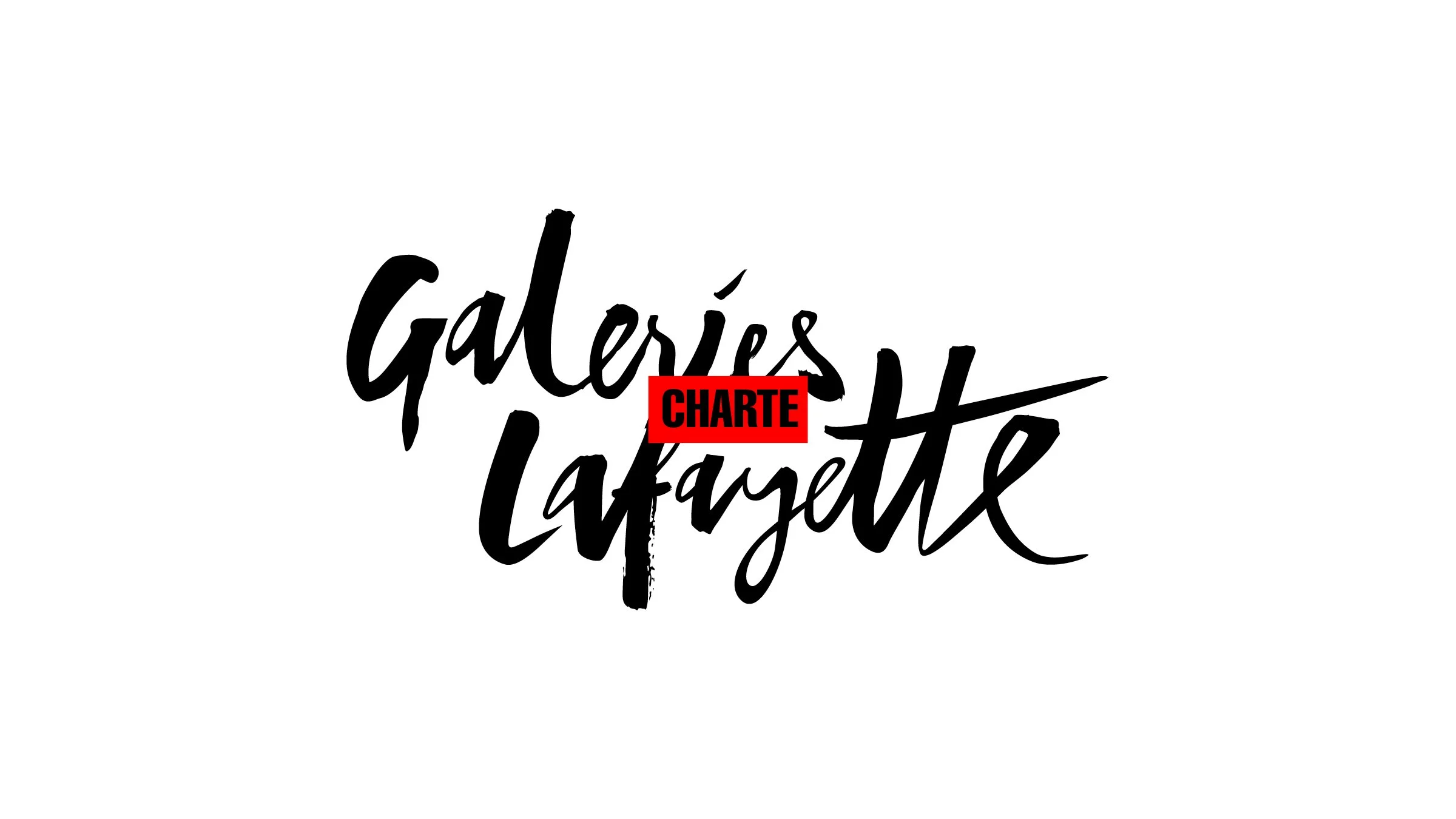 Logo avec le texte 'galeries la Fayette' en lettres cursives noires et une bannière rouge avec le mot 'CHARTE' en blanc.