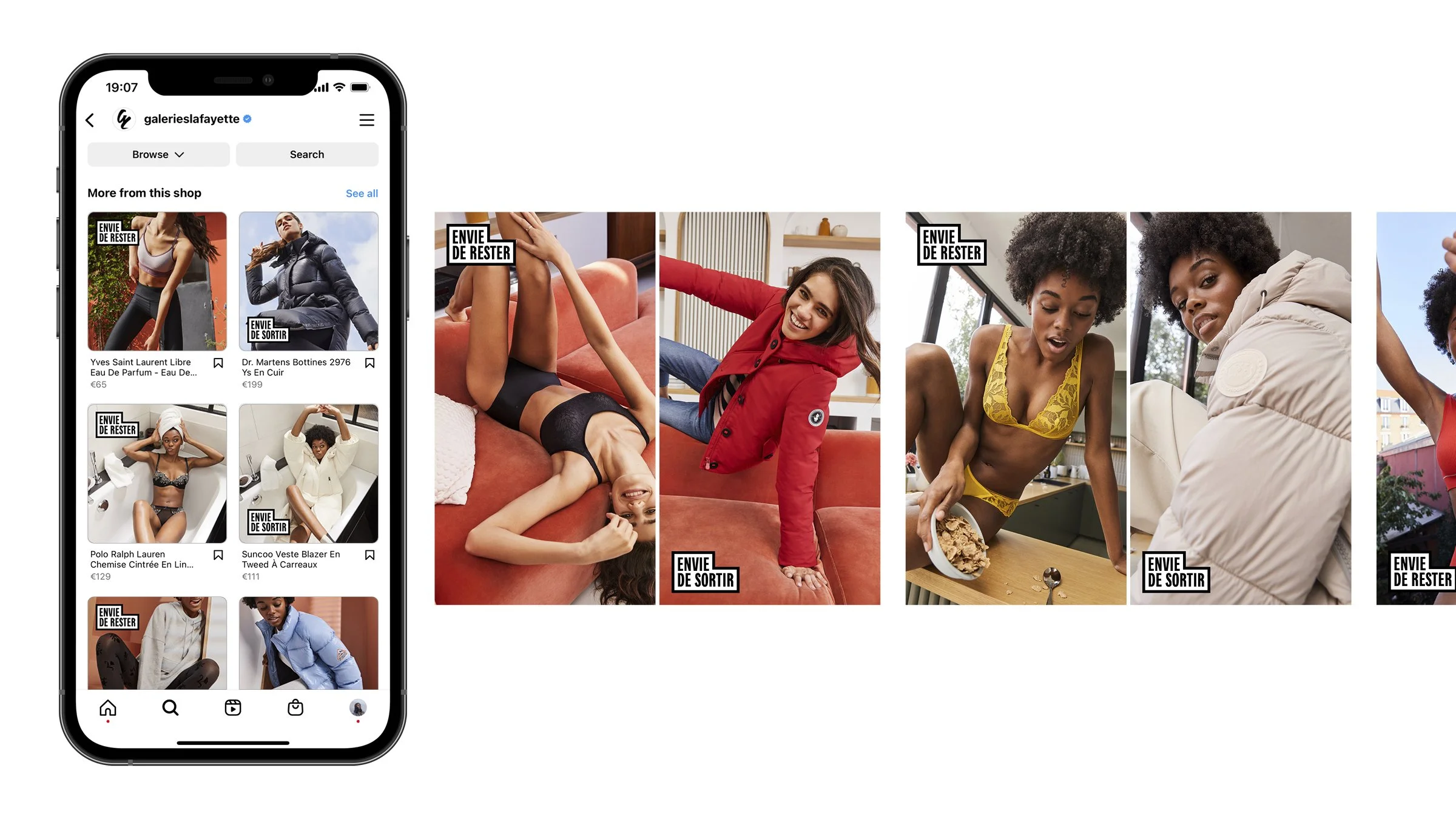 Capture d'écran d'un téléphone affichant une page Instagram de la boutique 'galerieslafayette', présentant une sélection de vêtements et accessoires avec des femmes posant dans divers styles vestimentaires, avec des étiquettes indiquant 'Envie de rester' et 'Envie de sortir'.