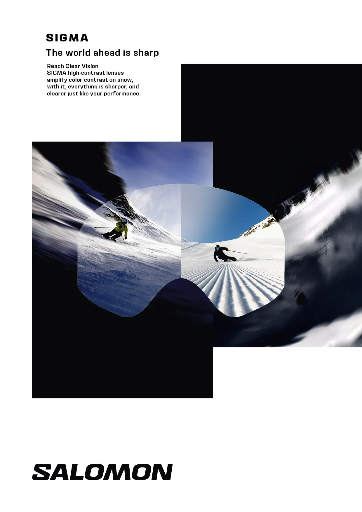 Page promotionnelle pour des lunettes de ski Salomon avec des images de skieurs en action dans la neige, fond noir et texte en français avec logo Salomon en bas.