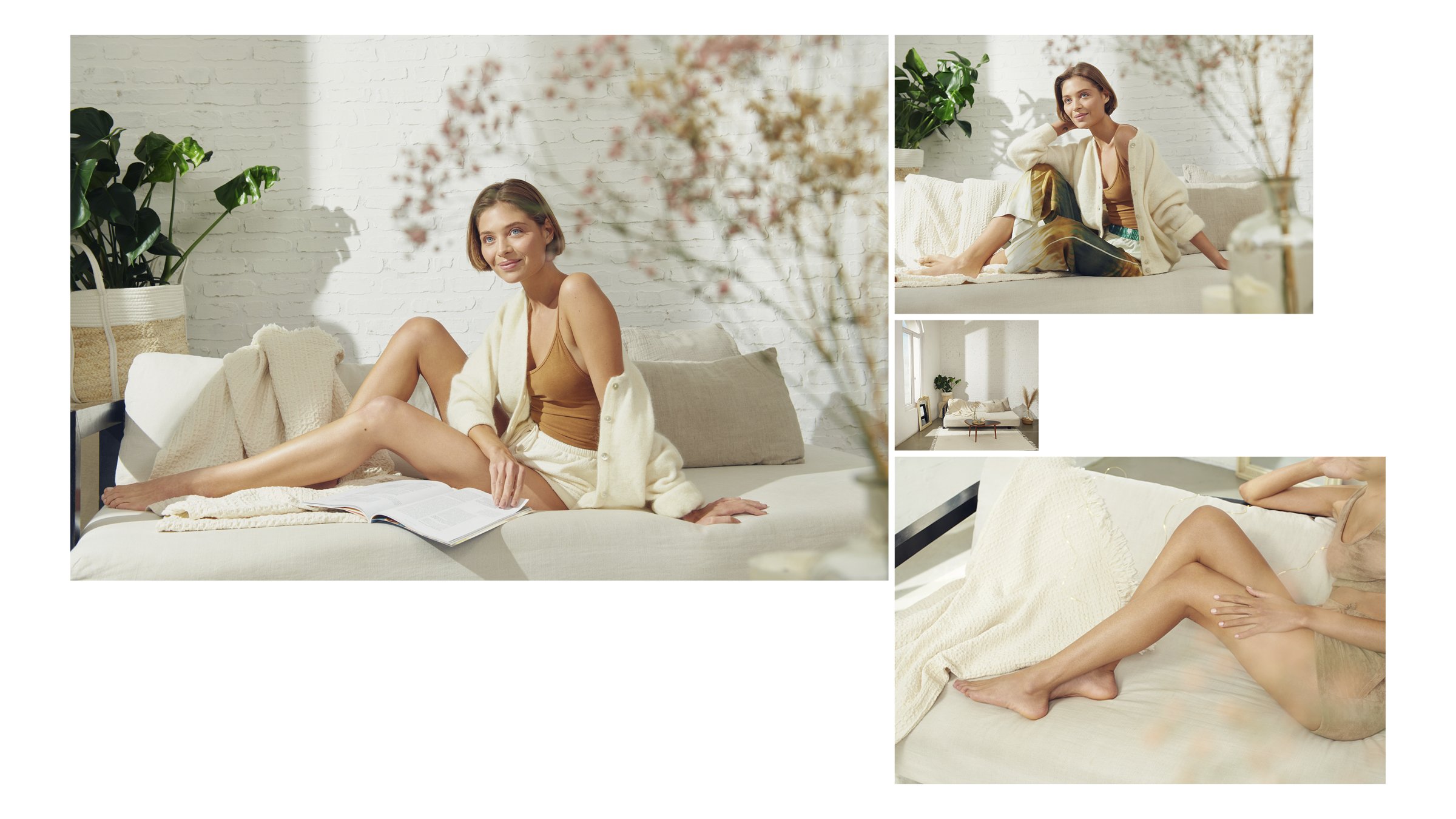 Une femme assise sur un lit blanc, lisant un livre, dans une pièce lumineuse avec des murs en briques blanches, entourée de plantes vertes et de décorations naturelles.