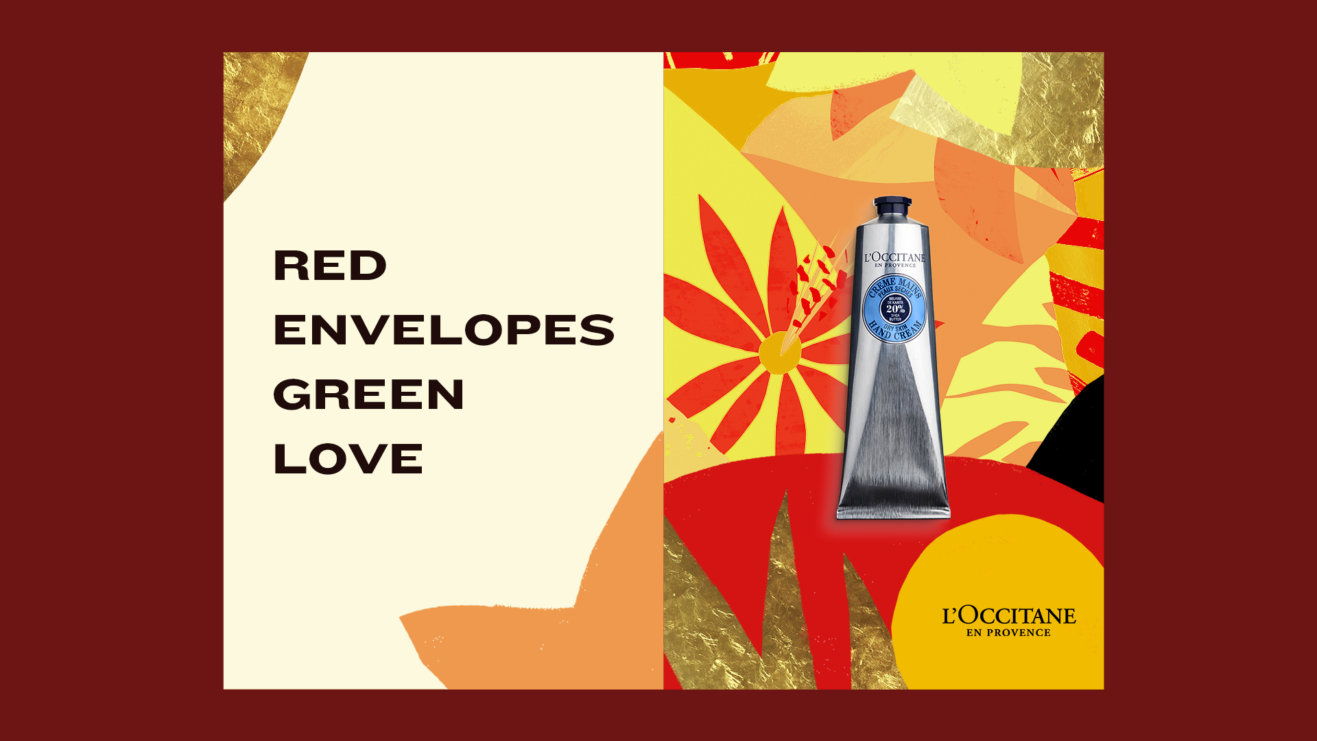 Une image colorée mêlant technologie et nature avec un tube de crème pour mains L'Occitane, des éléments floraux stylisés en rouge, orange et jaune sur un fond vibrant, et un texte indiquant "RED ENVELOPES GREEN LOVE".