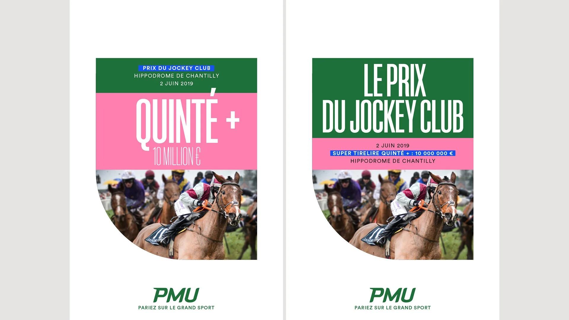 Affiche de l'événement hippique Prix du Jockey Club, qui s'est tenu à l'Hippodrome de Chantilly le 2 juin 2019. L'affiche montre des images de courses de chevaux et des textes en français concernant l'événement.