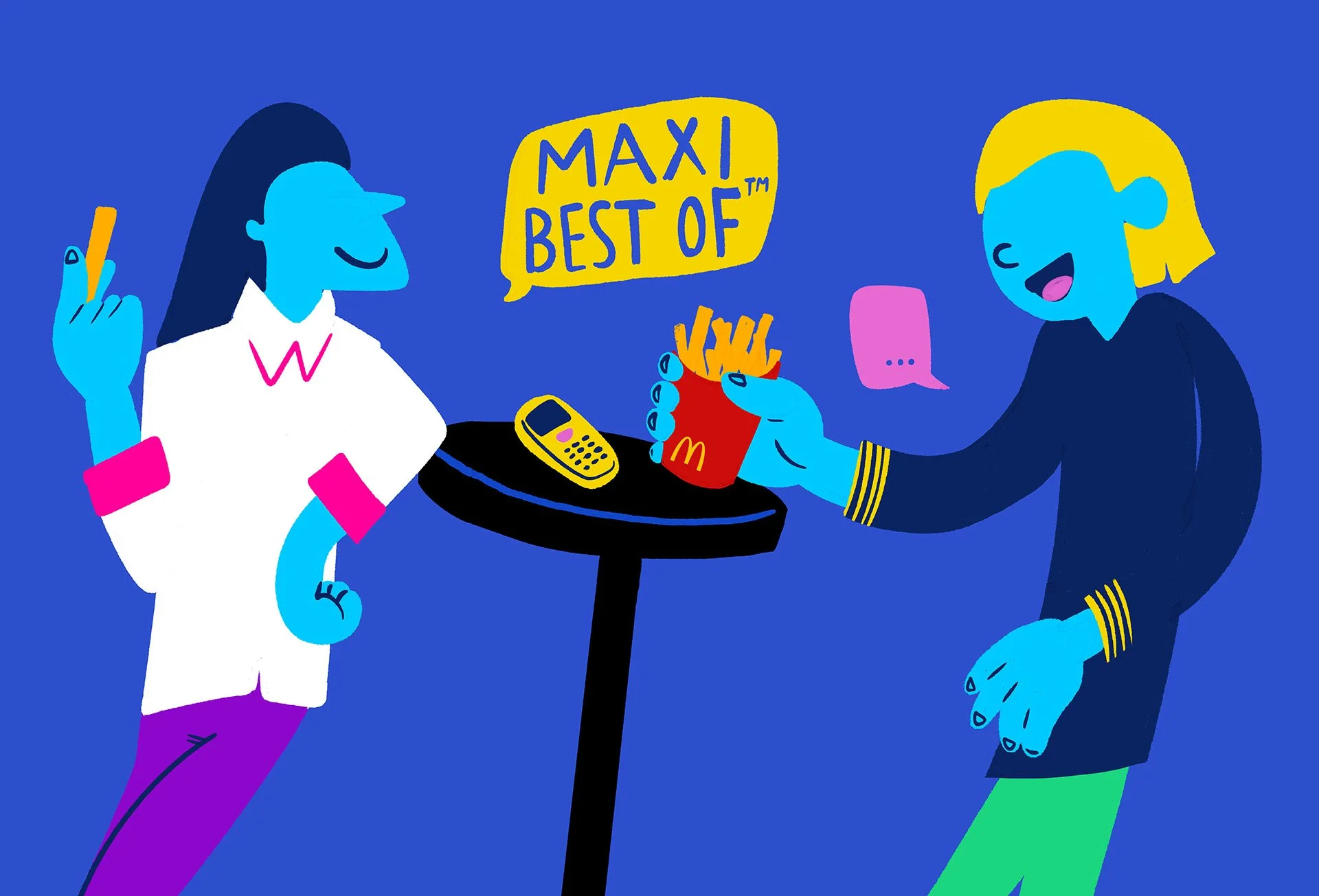 Deux personnes assises autour d'une petite table, partageant une discussion amicale, avec une main tenant un téléphone portable et une autre tenant un sac de frites McDonald's, dans un style dessin animé coloré avec un fond bleu.