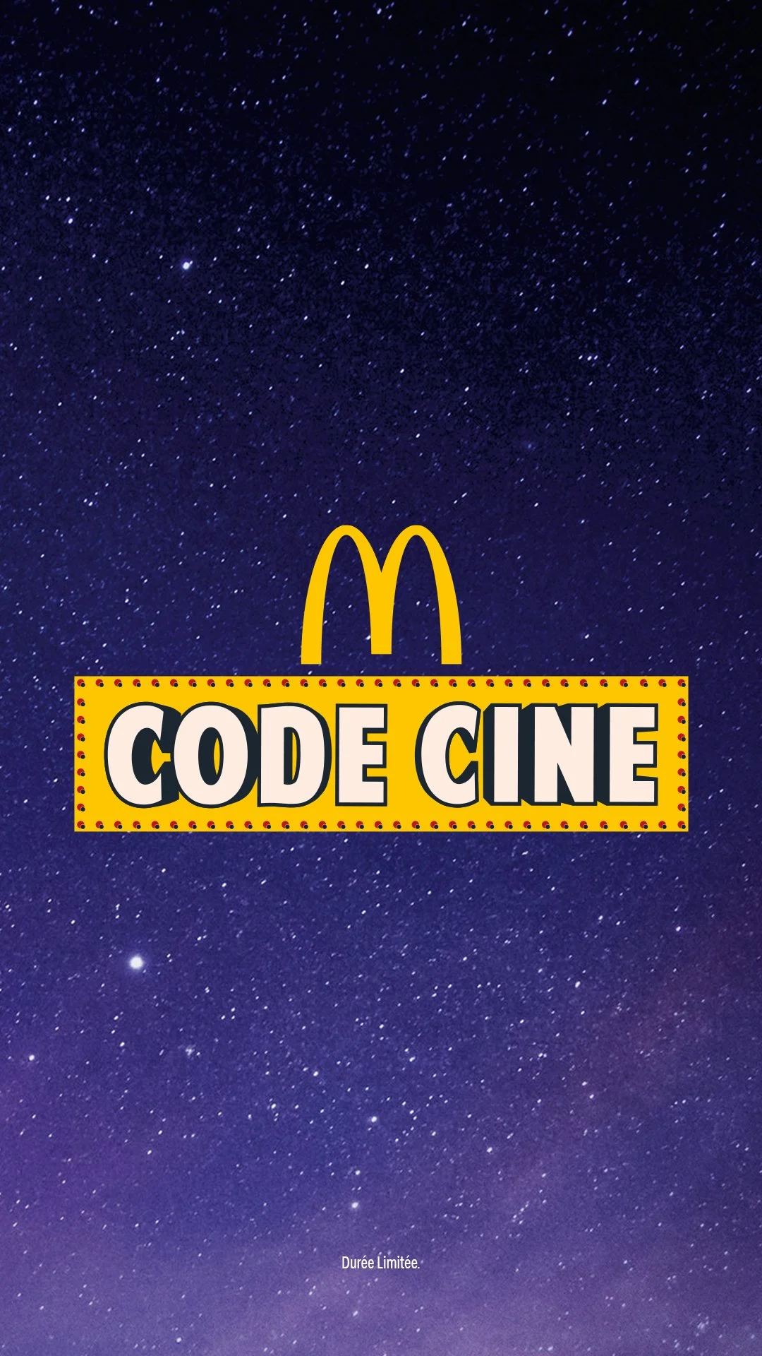Logo de McDonald's avec le texte "Code Cine" sur un fond d'un ciel étoilé.