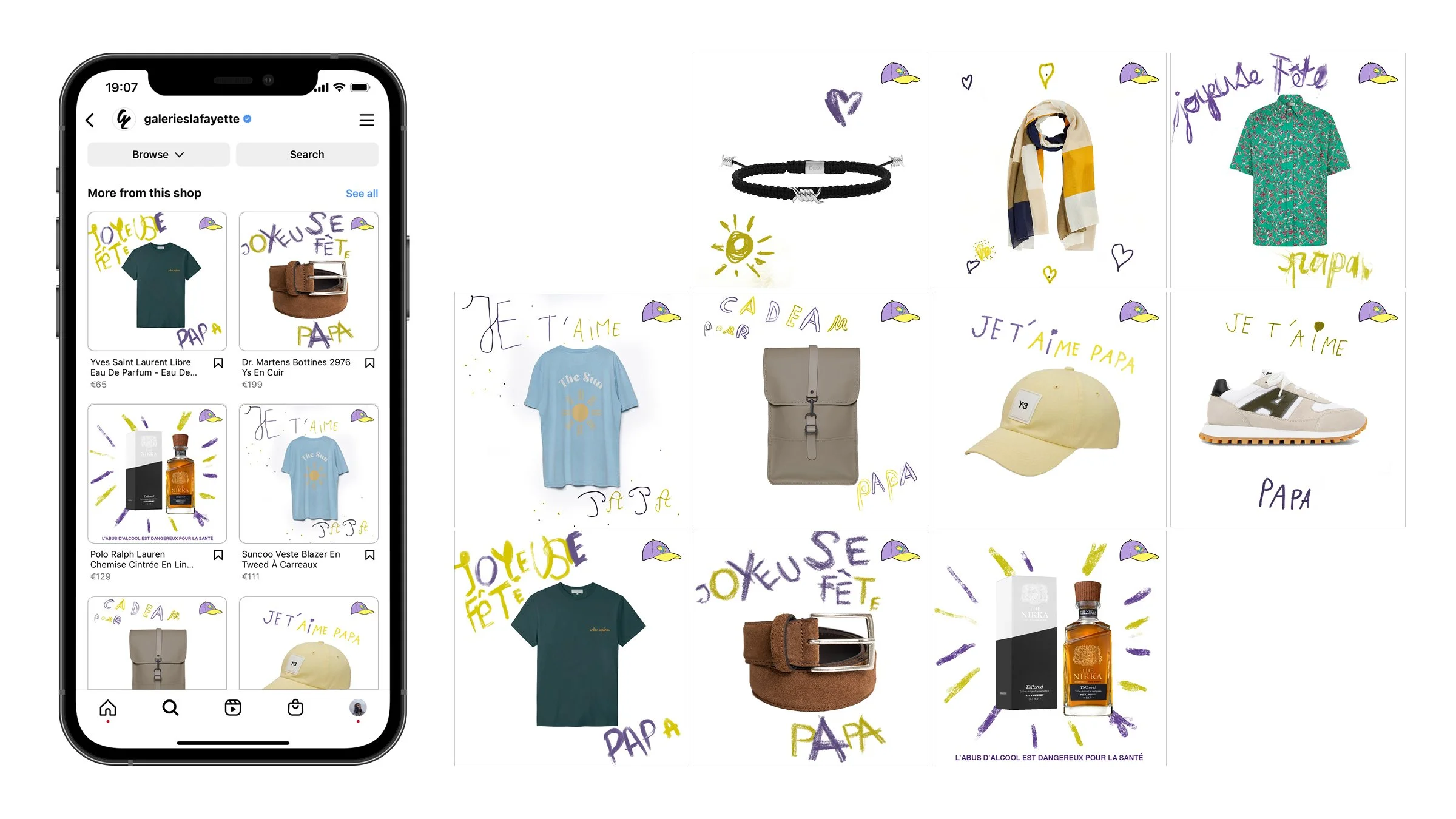 Une capture d'écran d'une boutique en ligne affichant des vêtements et accessoires, avec des dessins manuscrits et des mots en français tels que « Je t'aime », « Papa », « Papa », « Papa », et des petits dessins de casquettes et de soleils. La boutique semble vendre des t-shirts, une écharpe, un sac à main, une casquette, une chaussure, et une bouteille de parfum.