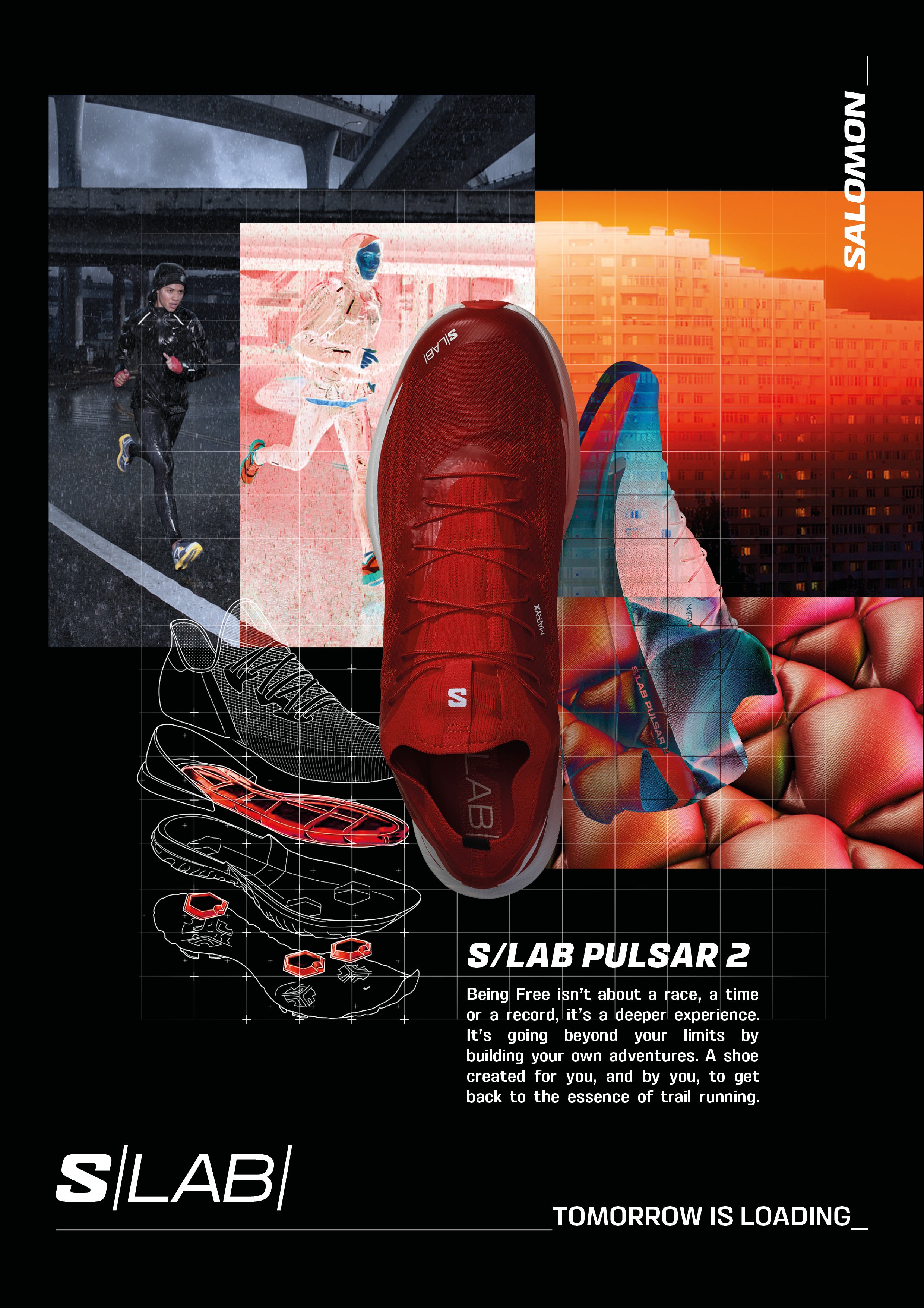 Une publicité pour la chaussure de trail S/ Lab Pulsar 2, présentant une chaussure rouge en premier plan, entourée d'images de course, de dessins techniques et de paysages urbains, avec le slogan "Tomorrow is loading".