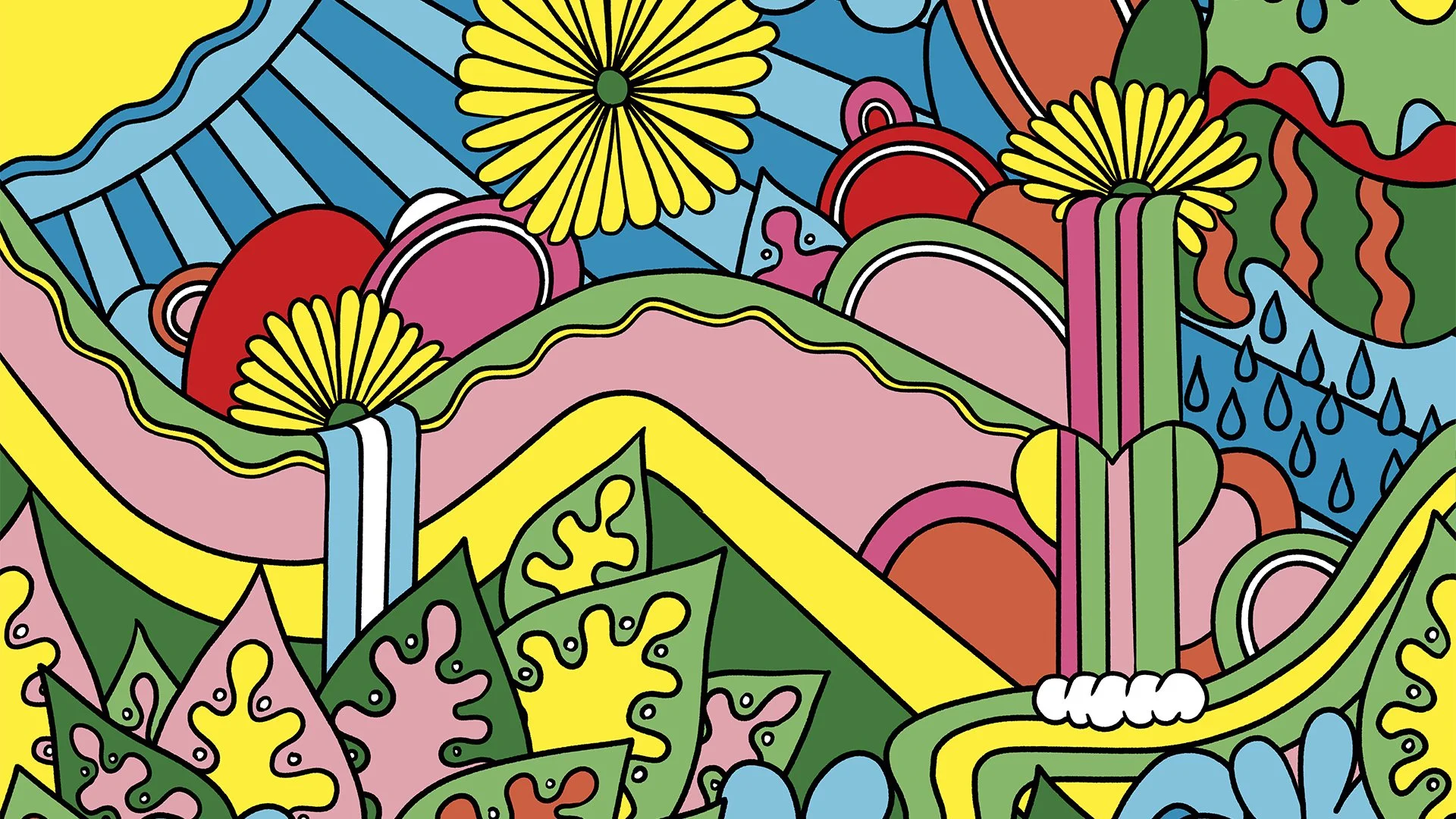 Illustration abstraite avec des formes colorées, des fleurs, des gouttes d'eau, des lignes ondulées et des éléments géométriques.