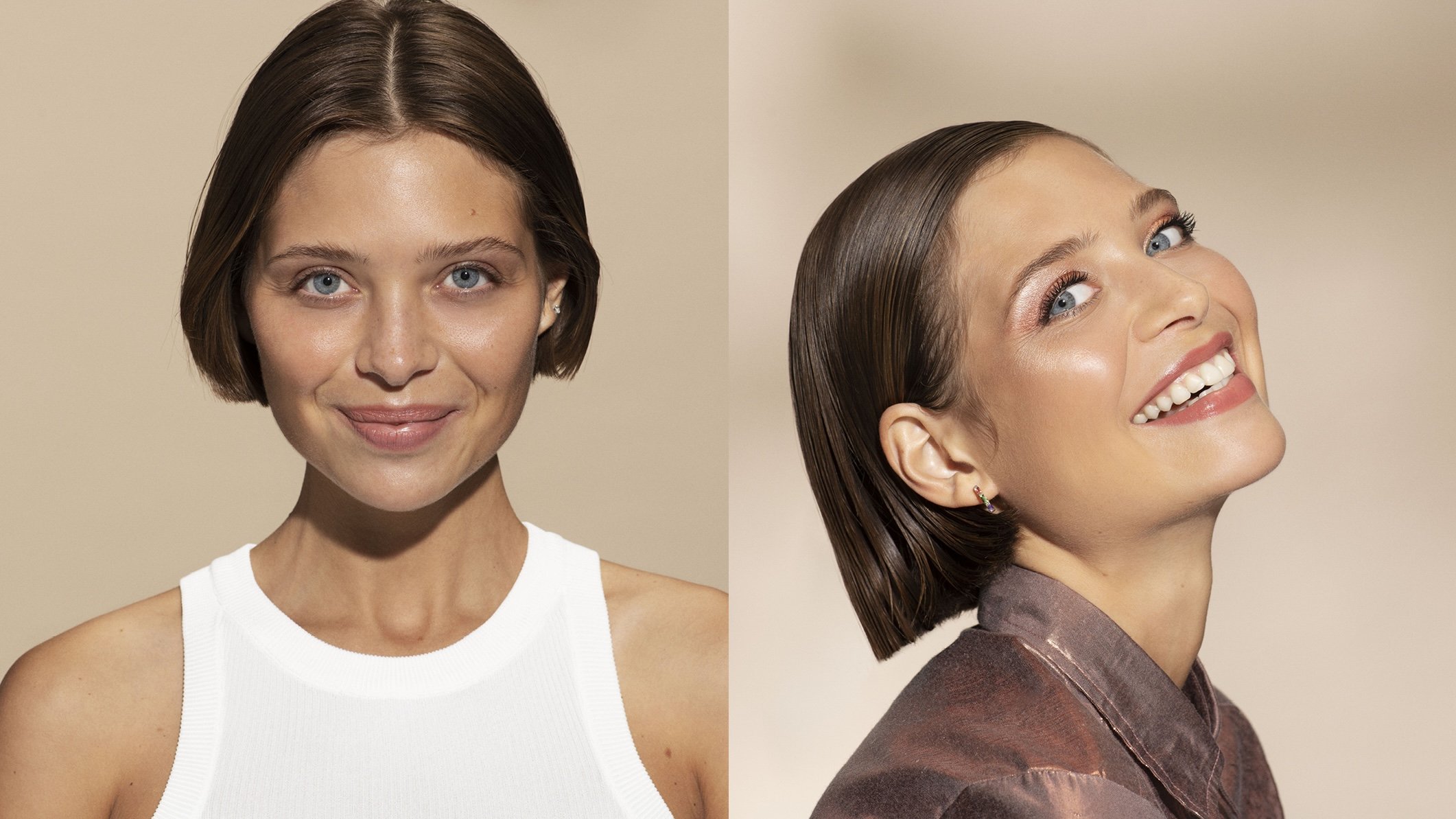 Deux femmes aux cheveux bruns, une avec un style court et droite, l'autre avec un style long et ondulé, posant devant un fond neutre, montrant avant et après une transformation capillaire.
