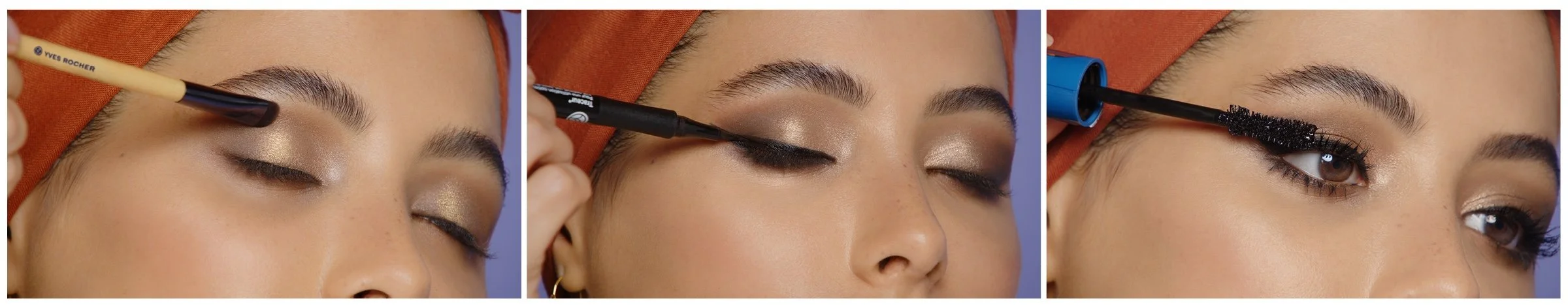 Une femme applique du maquillage sur ses yeux avec un pinceau et un mascara