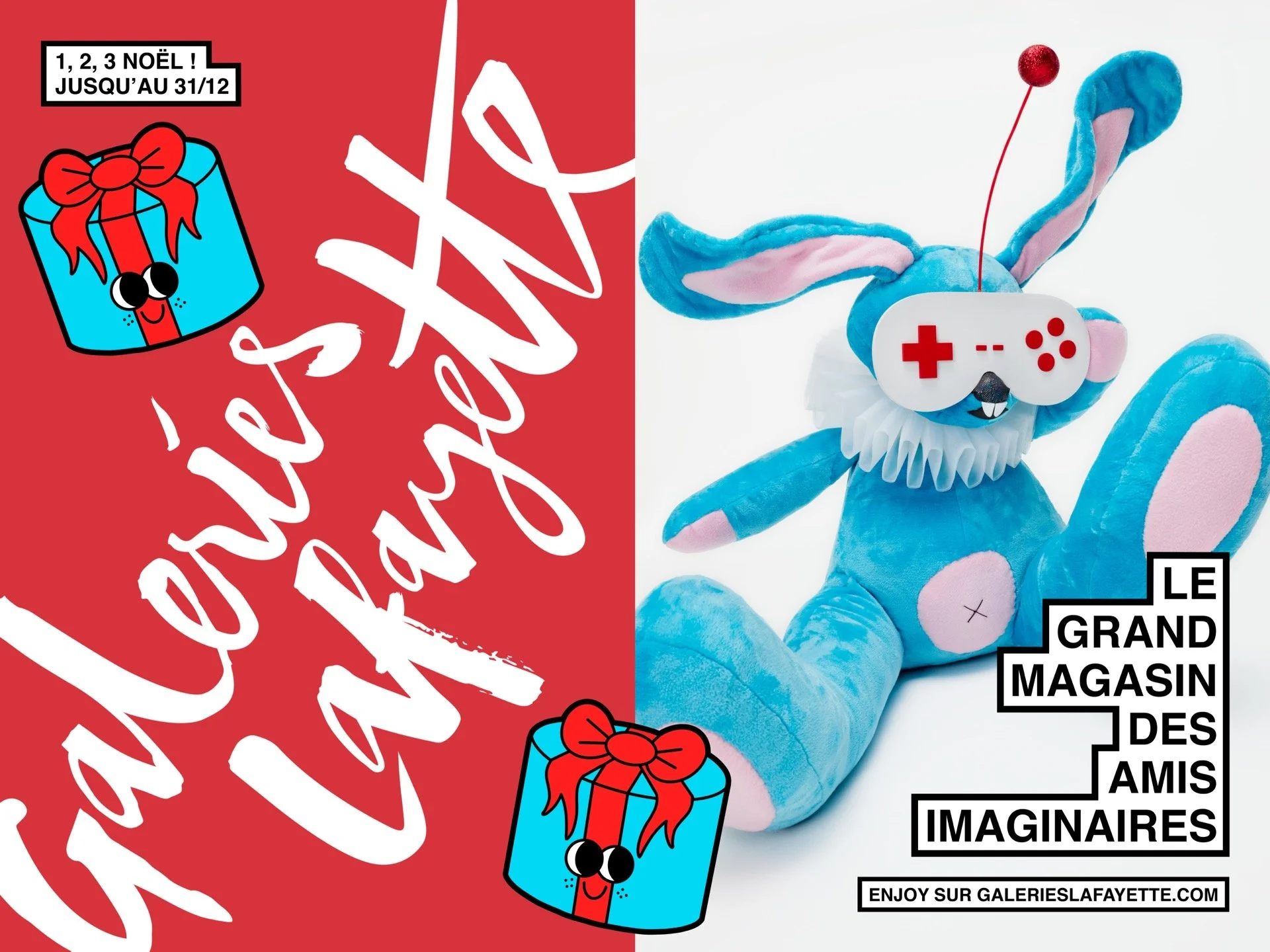 Une image promotionnelle colorée divisée en deux parties, d'un côté un fond rouge avec du texte en blanc et noir offrant une offre pour Noël jusqu'au 31 décembre, et de l'autre côté une photo d'un lapin en peluche bleu portant un masque de jeu vidéo, avec des textes en français et en anglais mentionnant un grand magasin d'amis imaginaires et une URL de site web.