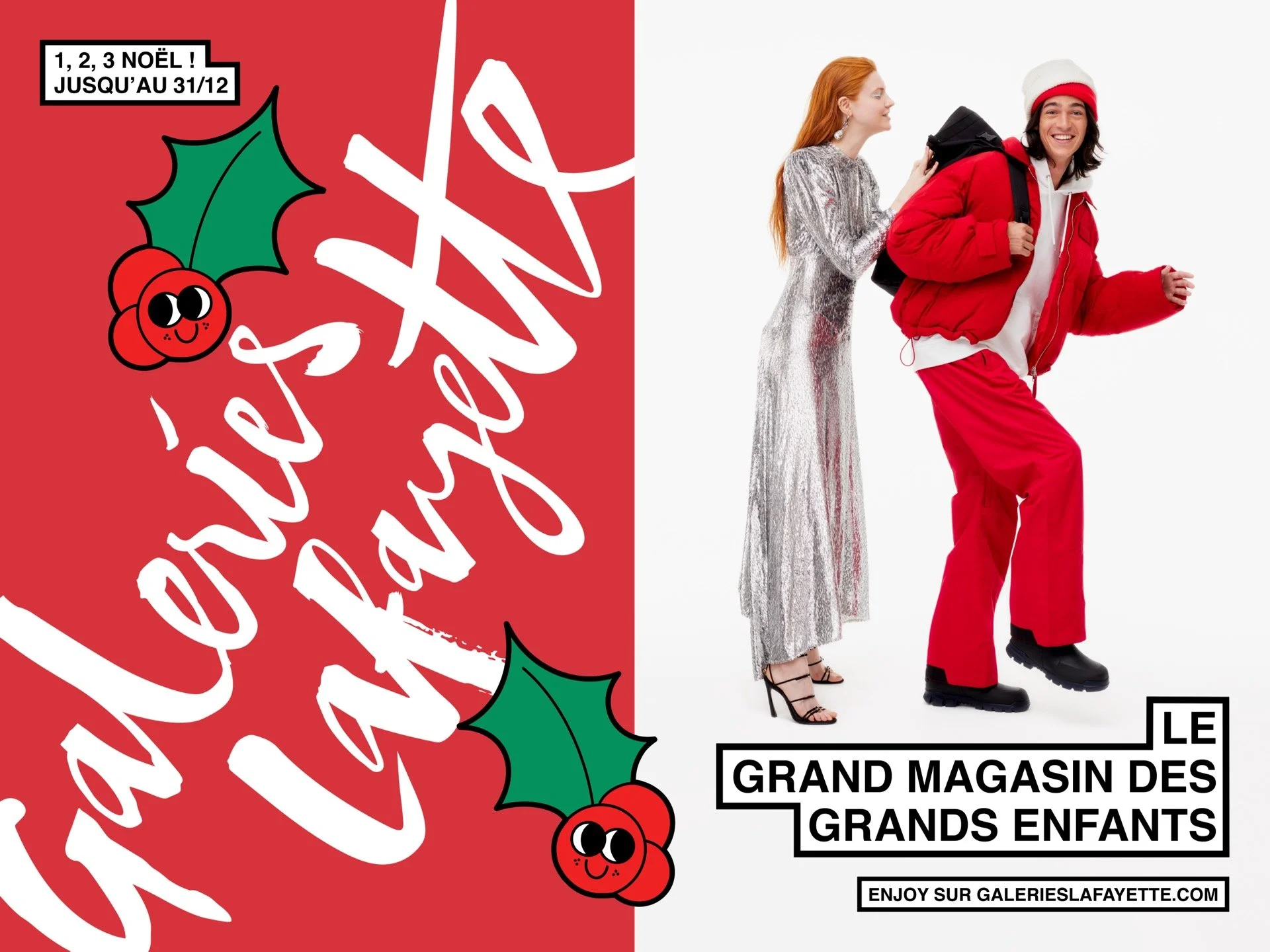 Une affiche promotionnelle de Noël pour le grand magasin des grands enfants, présentant deux personnes en vêtements d'hiver, une femme élégante et un homme en tenue décontractée, avec un fond rouge décoré de boules de houx et de texte en français