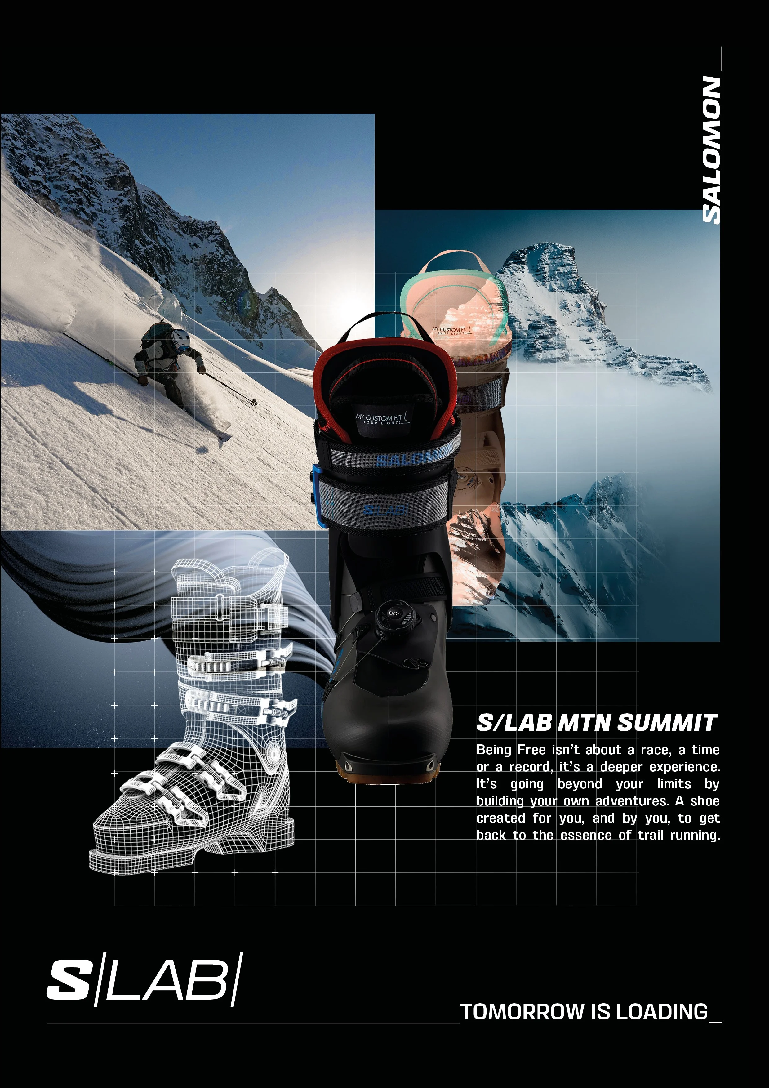 Une image promotionnelle représentant une chaussure de trail, avec un paysage de montagne enneigée en arrière-plan. Il y a aussi un casque de montagne et une image en filaire de chaussures de montagne. En haut, il y a un texte qui dit 'SALOMON' et à côté, 'S/LAB MTN SUMMIT'. En bas, il y a le texte 'TOMORROW IS LOADING' et une citation sur la course en montagne.
