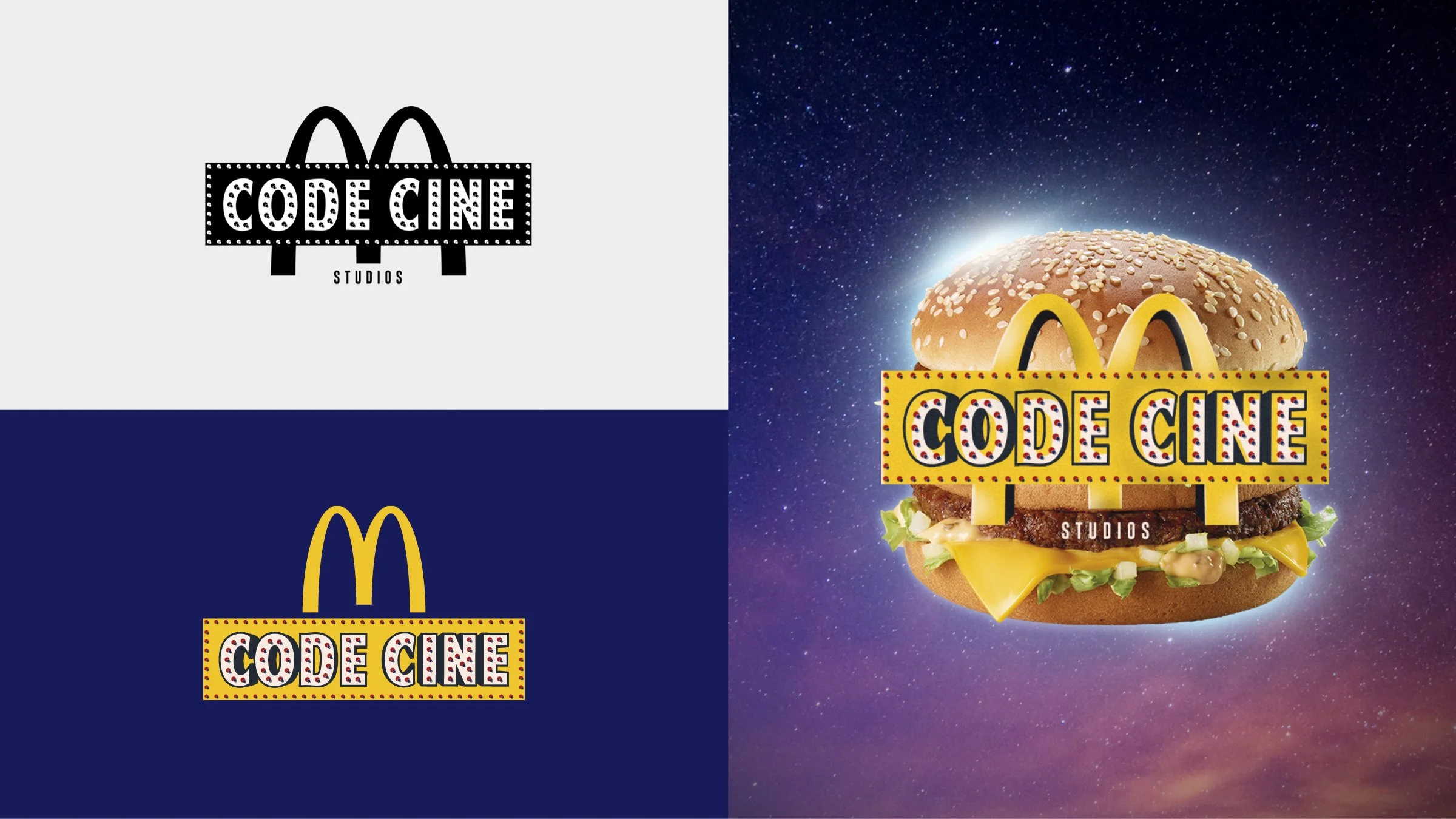 Double image : à gauche, logo noir et blanc de Code CNe Studios sur fond gris clair, avec une icône de sac de cinéma ; à droite, un burger McDonald's avec un ciel étoilé en arrière-plan, doté d'un signe Code CNe Studios en superposition.