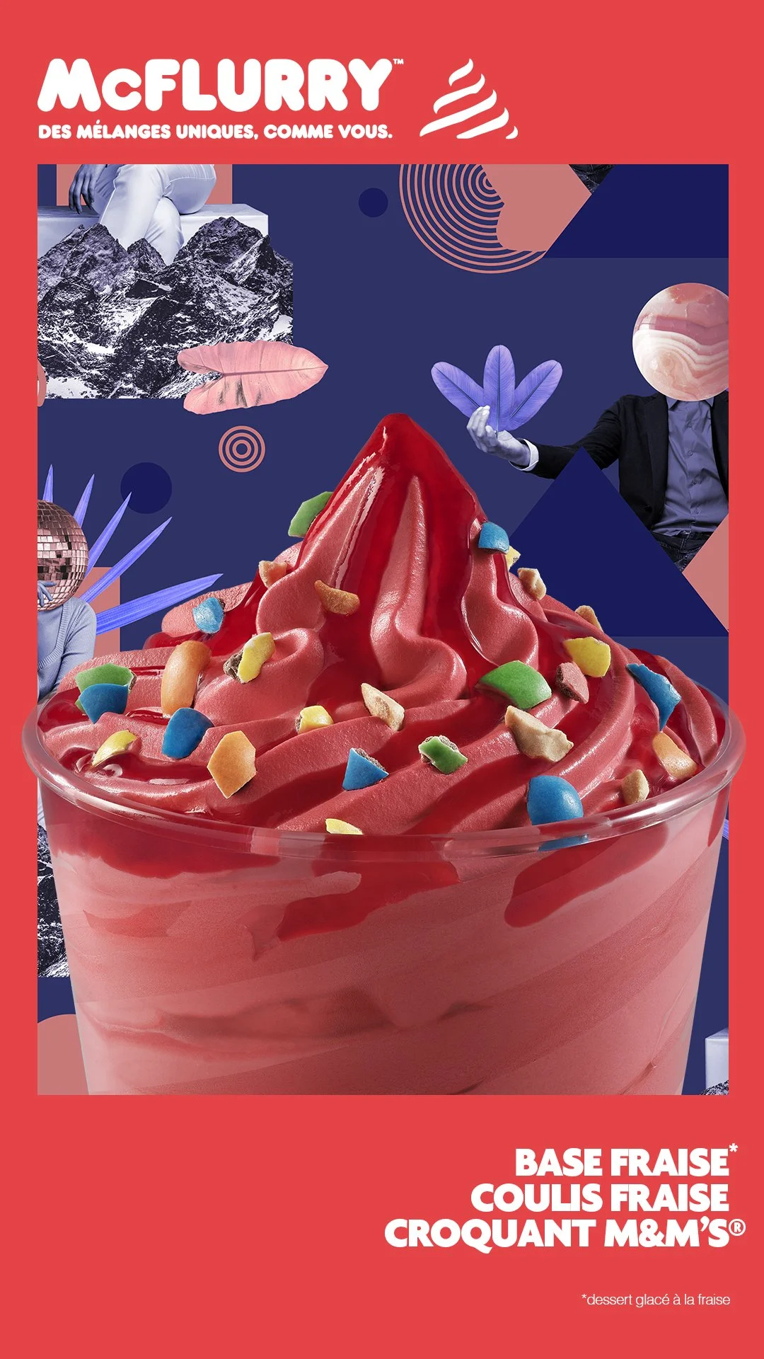 Une image promotionnelle d'une coupe de dessert glacé à la fraise avec des morceaux colorés de bonbons, sur un fond graphique avec des montagnes, des feuilles et des motifs abstraits. Texte indiquant le nom du produit : "Base Fraise Coulis Fraise Croquant M&M's".