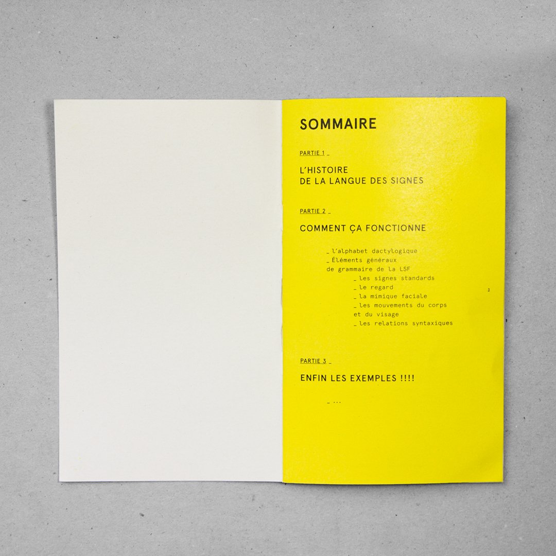 Page de sommaire d'un document avec une section jaune sur la droite et un fond gris clair.