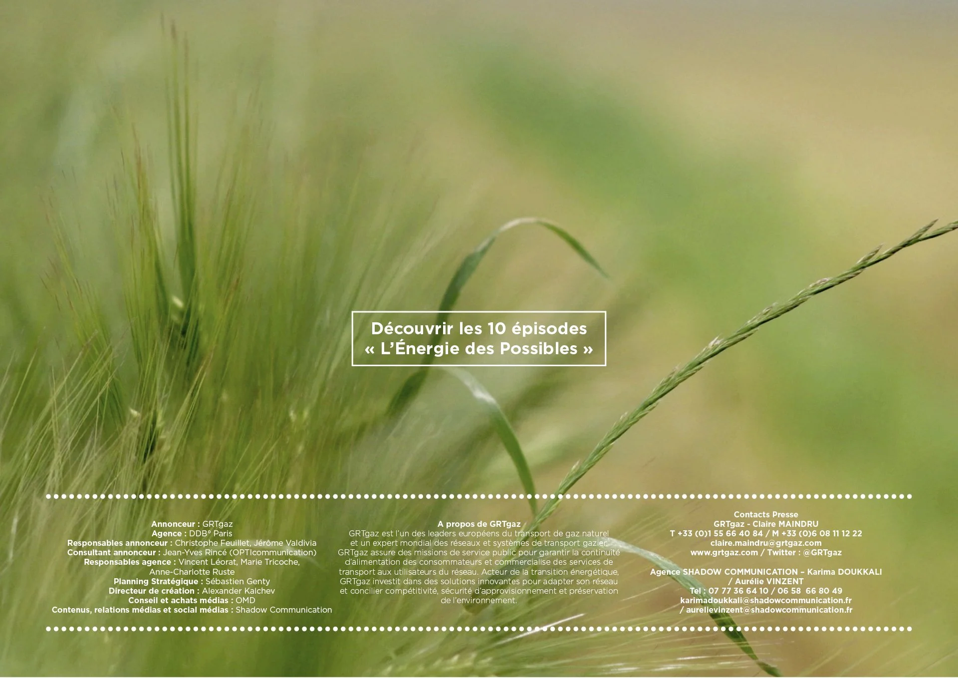 Page de publicité avec un fond flou de plantes vertes, indiquant la découverte de 10 épisodes intitulés « L'Énergie des Possibles »