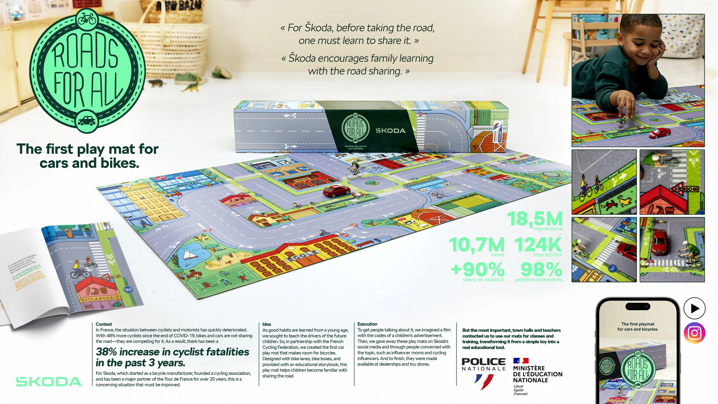 Un tapis de jeu pour voitures et vélos représentant des routes et environnements urbains colorés, utilisé pour l'apprentissage en famille.