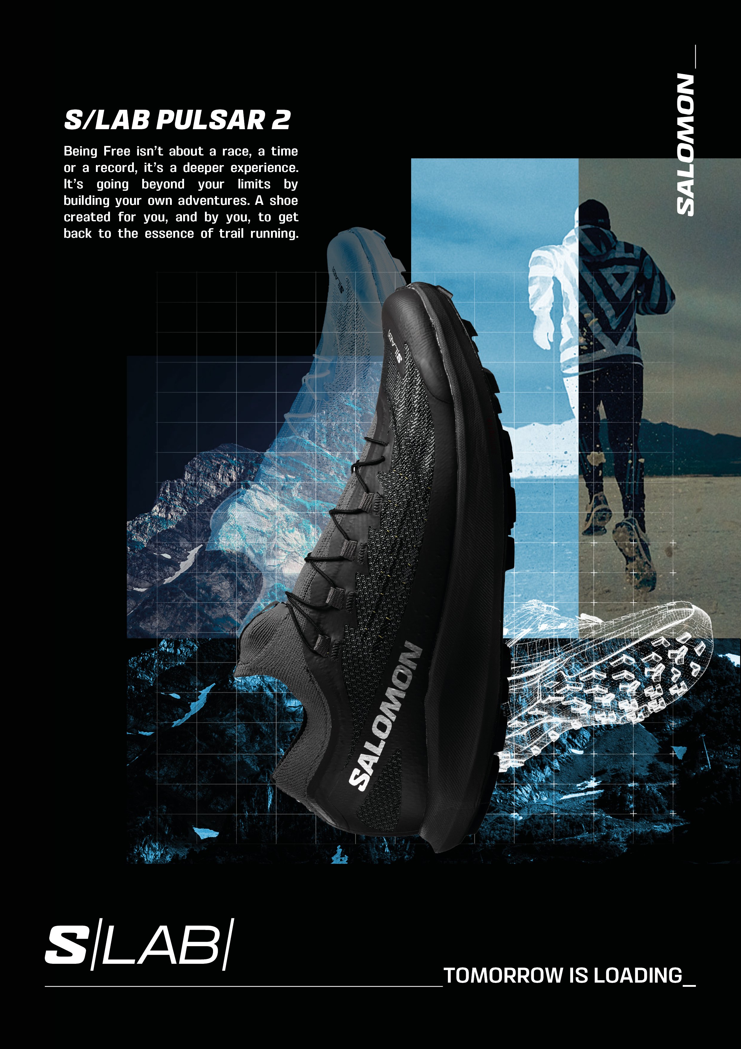 Affiche publicitaire pour une chaussure de trail running S/LAB Pulsar 2 avec un fond de montagne, une personne en course, des éléments de design numérique, et le texte 'S/LAB PULSAR 2' et 'TOMORROW IS LOADING'.