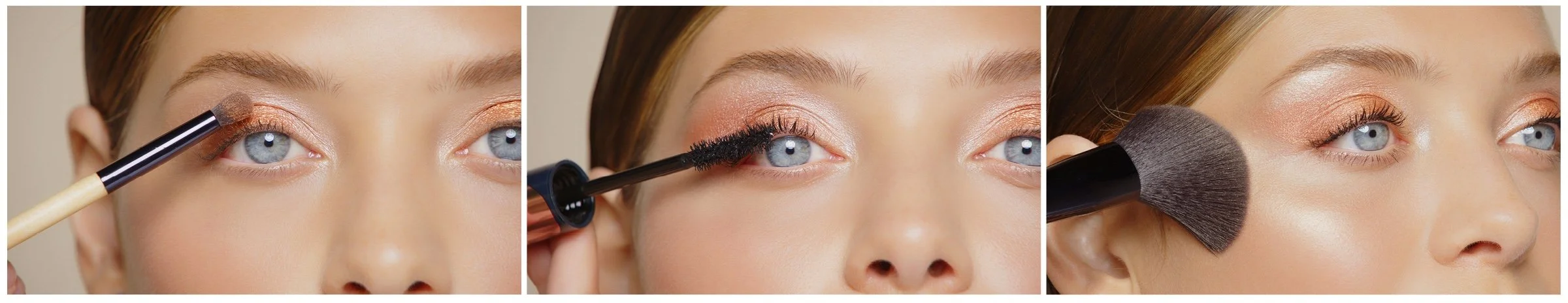 Trois images montrant un maquillage des yeux, avec application de fard à paupières, mascara et pinceau pour le maquillage.