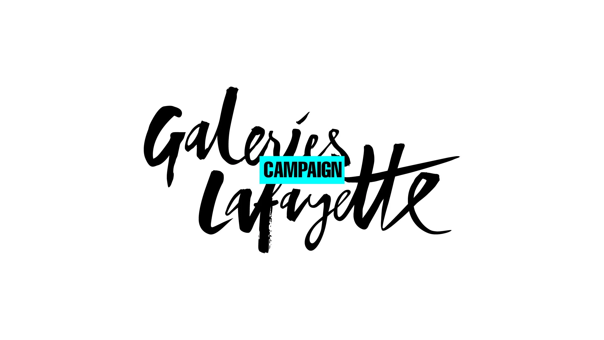 Logo avec le texte 'Galeries Lafayette' écrit en style cursif noir avec un carré bleu contenant le mot 'CAMPAIGN' en lettres noires.