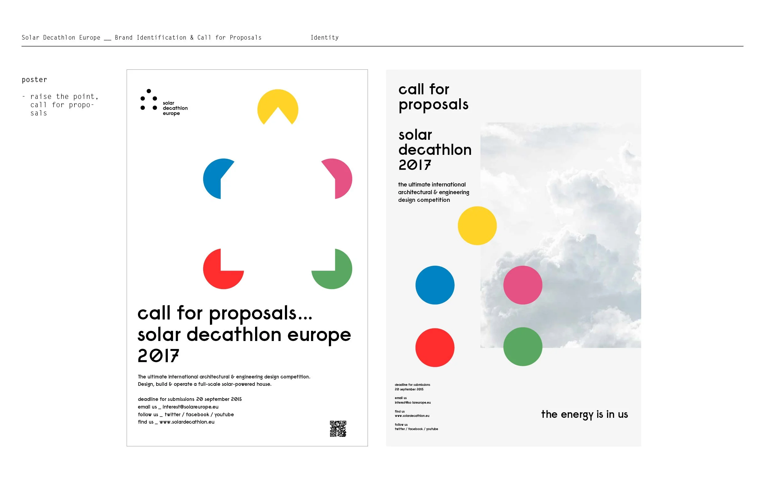 Affiche pour l'appel à propositions de Solar Decathlon Europe 2017 avec des formes colorées et du texte en anglais, sur fond d'un ciel nuageux.