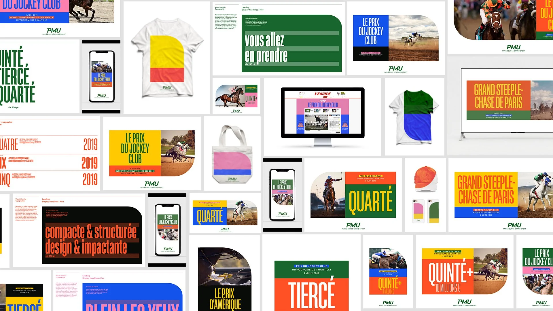 Collection d'images promotionnelles pour un événement hippique, comprenant des affiches, des t-shirts, des sacs, des pages web et des photos de courses de chevaux, avec des textes en français sur le jockrey club, la date de l'événement, et des motifs