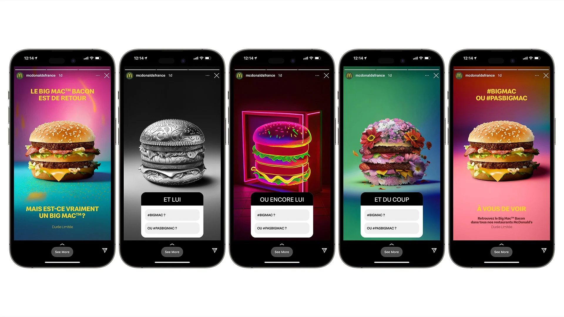 Cinq smartphones affichant différents visuels promotionnels de Big Mac de McDonald's en édition limitée, avec des textes en français sur fond coloré.