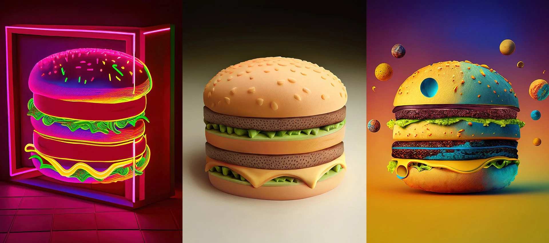 Trois hamburgers artistiques, le premier en néon avec des couleurs vives, le deuxième en style 3D avec des couches de viande, fromage et légumes, le troisième en ambiance spatiale avec des planètes flottantes autour.