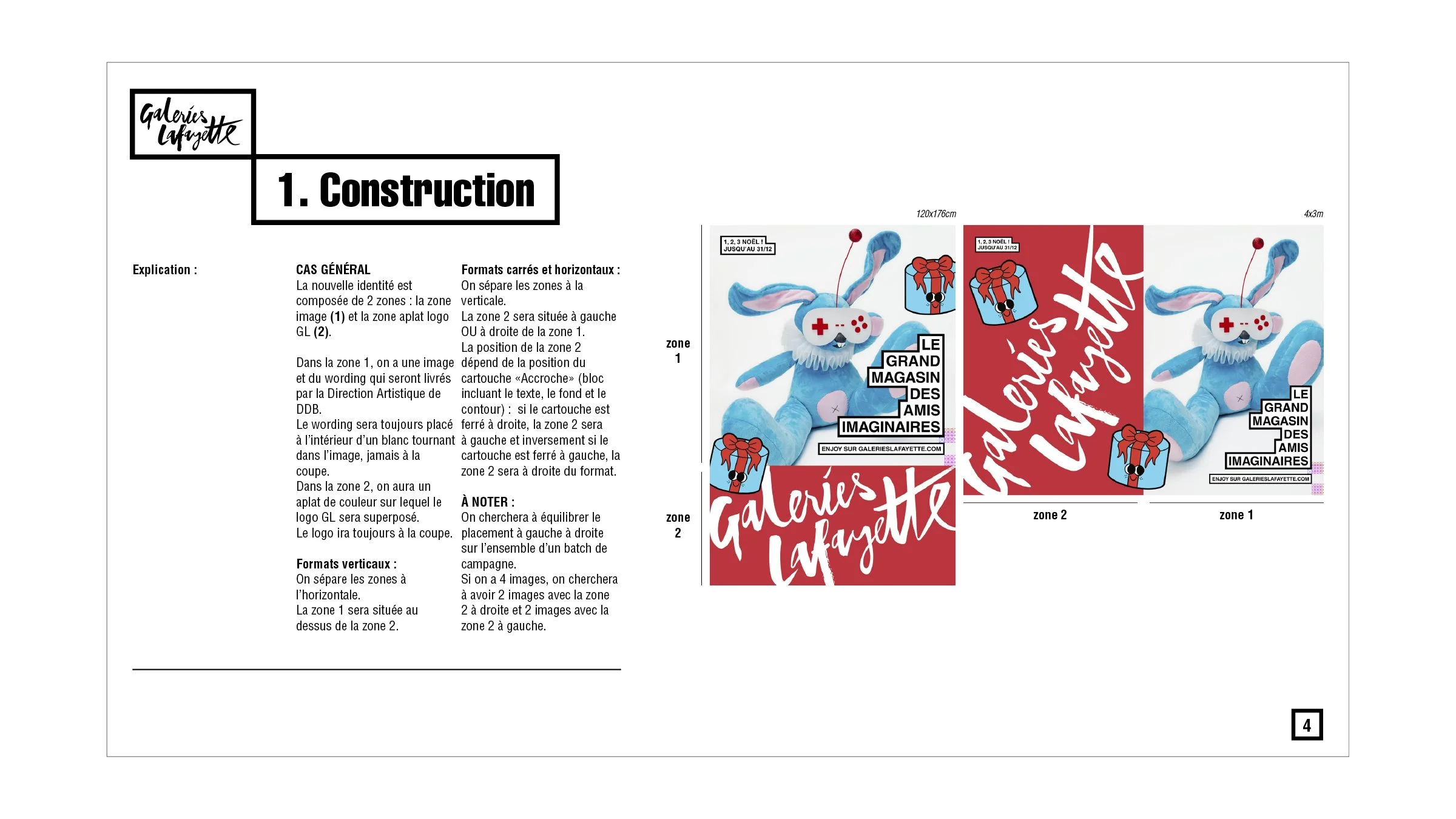Page de guide de construction d'une identité visuelle avec un logo et une illustration d'un lapin bleu portant un masque de jeu vidéo en réalité virtuelle avec un cadeau et des décorations. Il y a du texte sur la page, une section intitulée '1. Construction' et un en-tête 'Galeries Lafayette' en rouge.