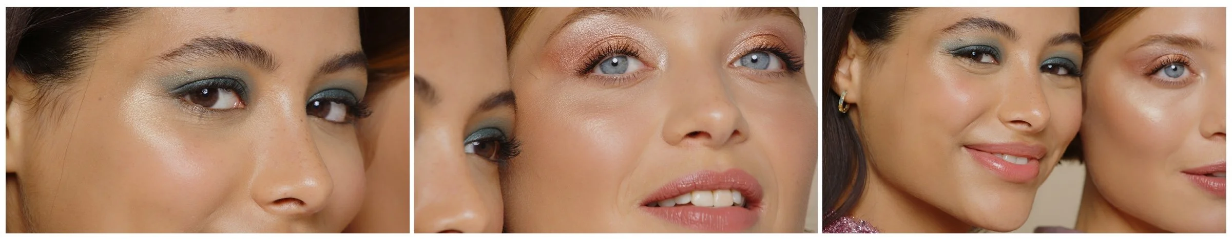 Trois gros plans de femmes avec maquillage brillant, mettant en valeur leurs yeux et leurs lèvres, souriant ou regardant l'objectif.