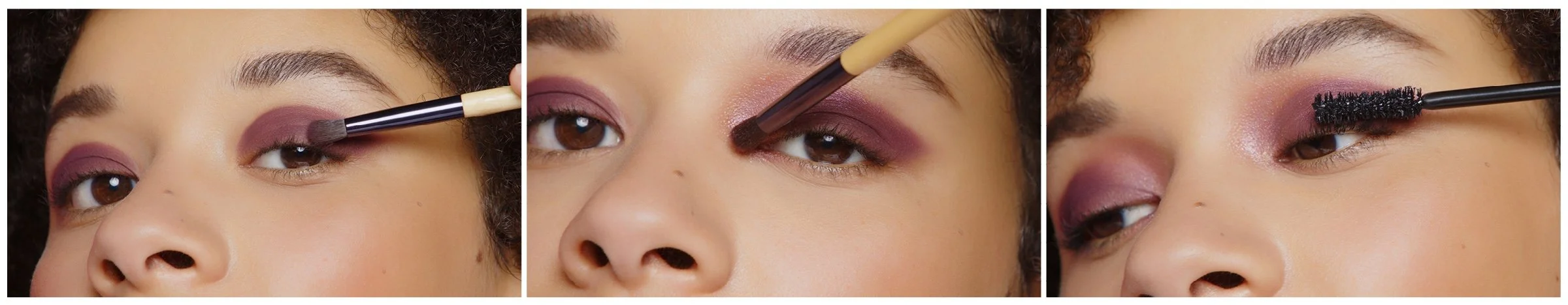 Trois images d'une femme en train de se maquiller les yeux avec différentes étapes d'application d'ombre à paupières et de mascara.