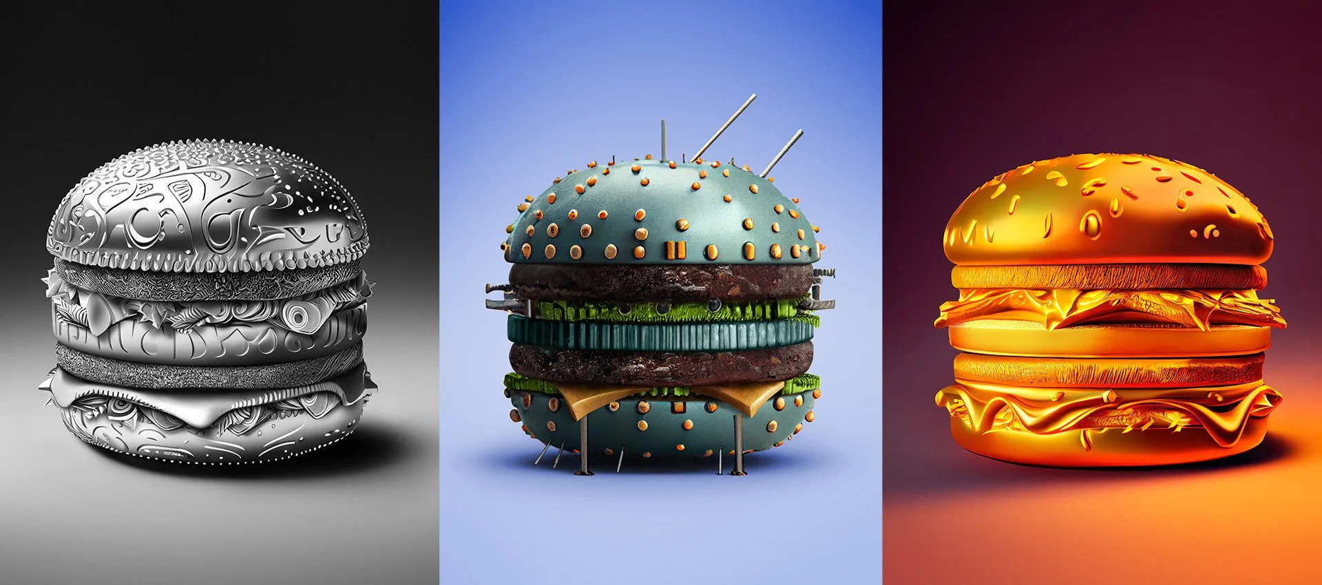 Trois hamburgers stylisés, un en noir et blanc, un en 3D coloré avec des éléments de couture et d'agrafe, et un en orange lumineux, tous représentés de manière artistique.