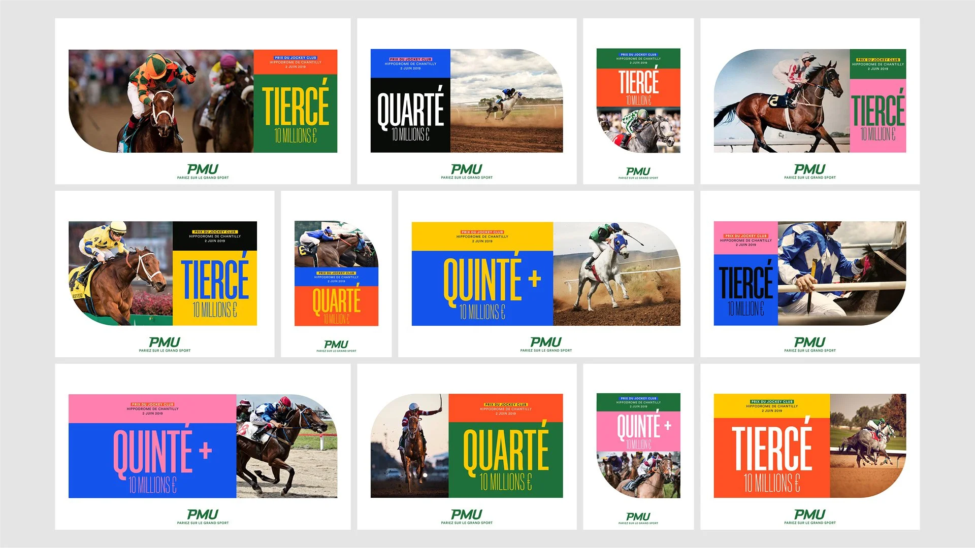 Collection d'affiches publicitaires pour les courses hippiques, chacune présentant des images de chevaux et de jockeys, avec des couleurs vives et des textes mentionnant des montants en millions d'euros pour différents prix.