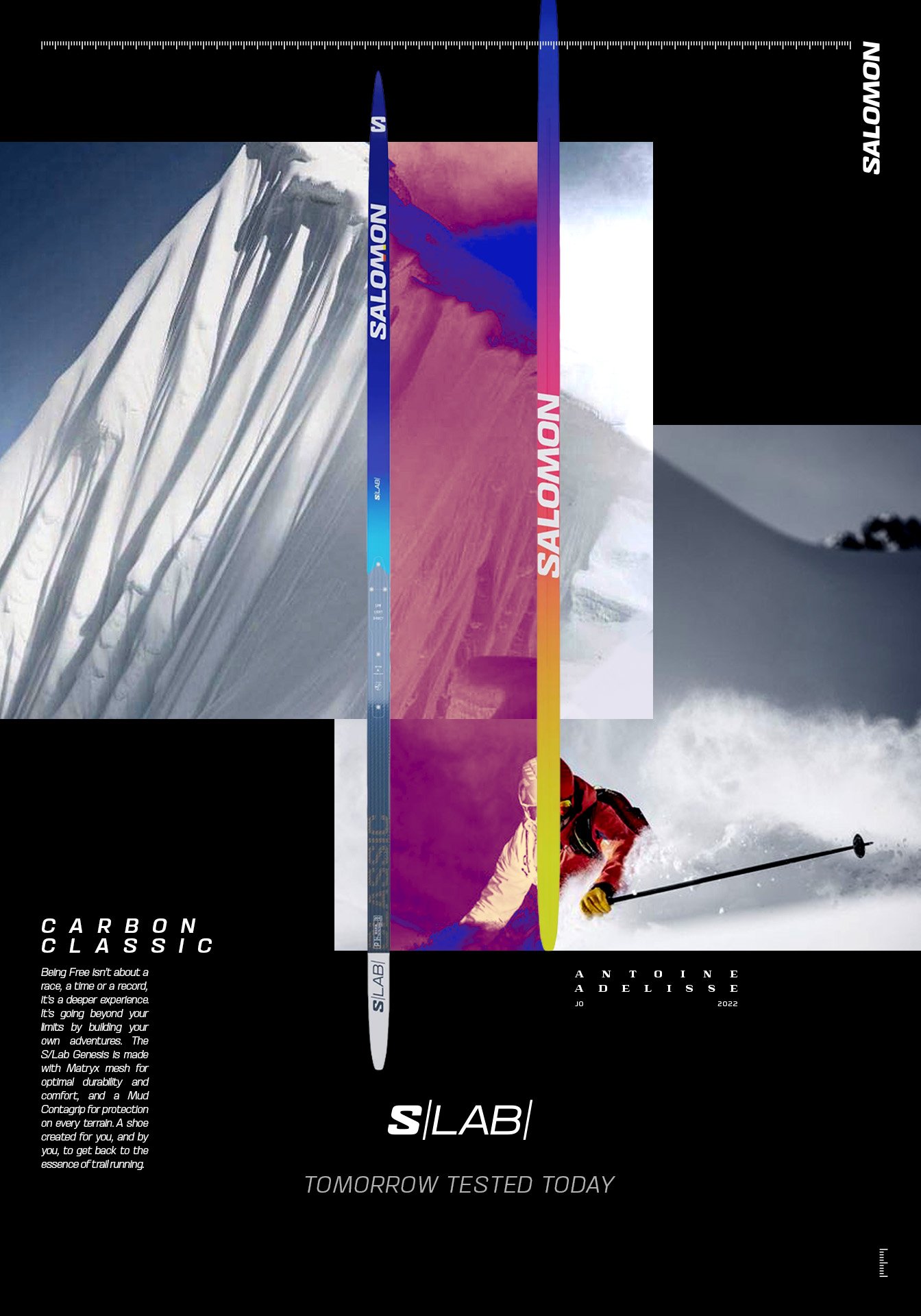 Une publicité pour le ski, mettant en avant une paire de skis S/LAB, avec un skieur en action dans la neige, un sommet enneigé en arrière-plan, et un design graphique dynamique avec des couleurs vives et du texte promotionnel.