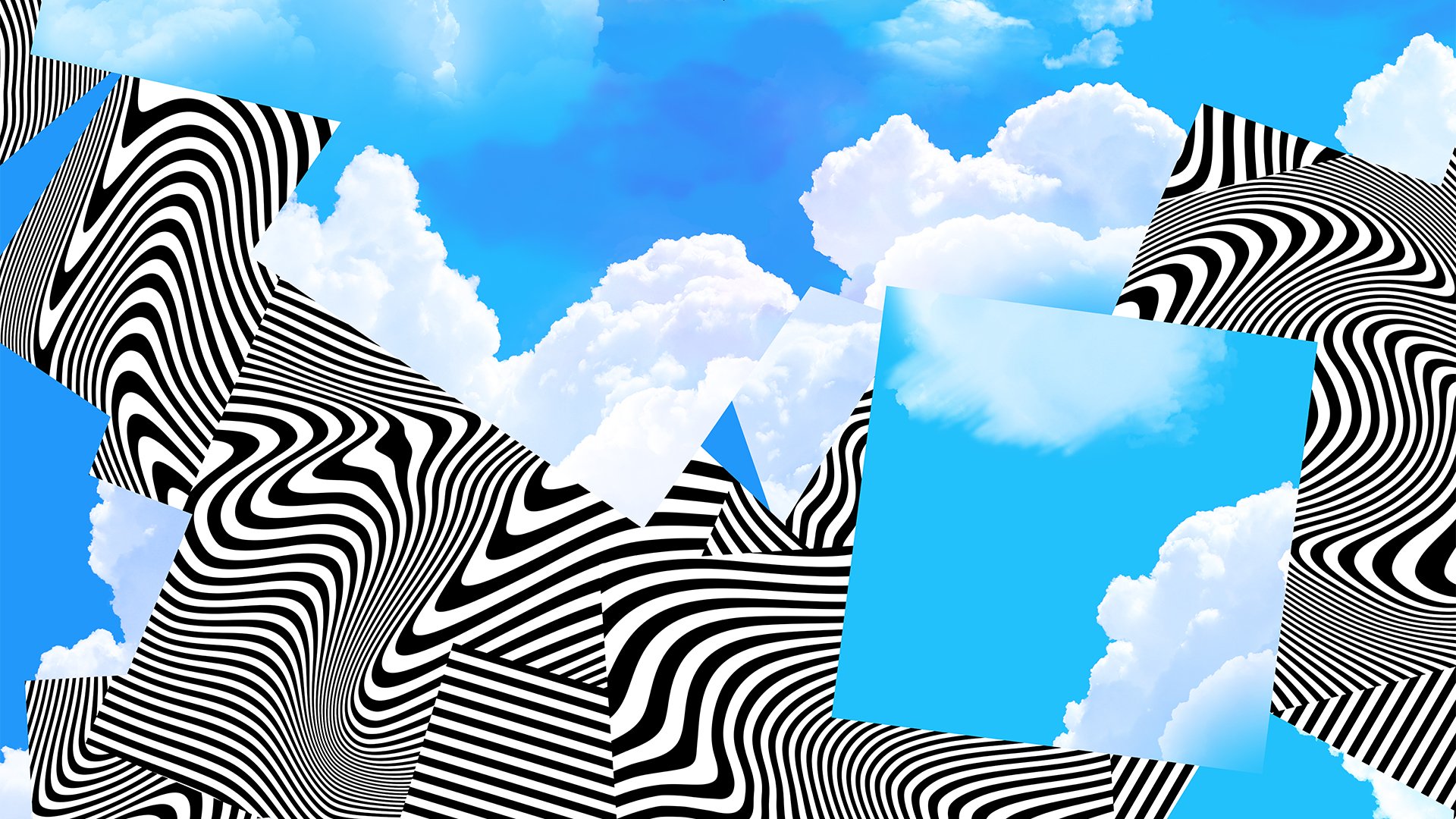 Collage d'images de nuages dans un ciel bleu avec des éléments graphiques en noir et blanc avec des lignes ondulées.