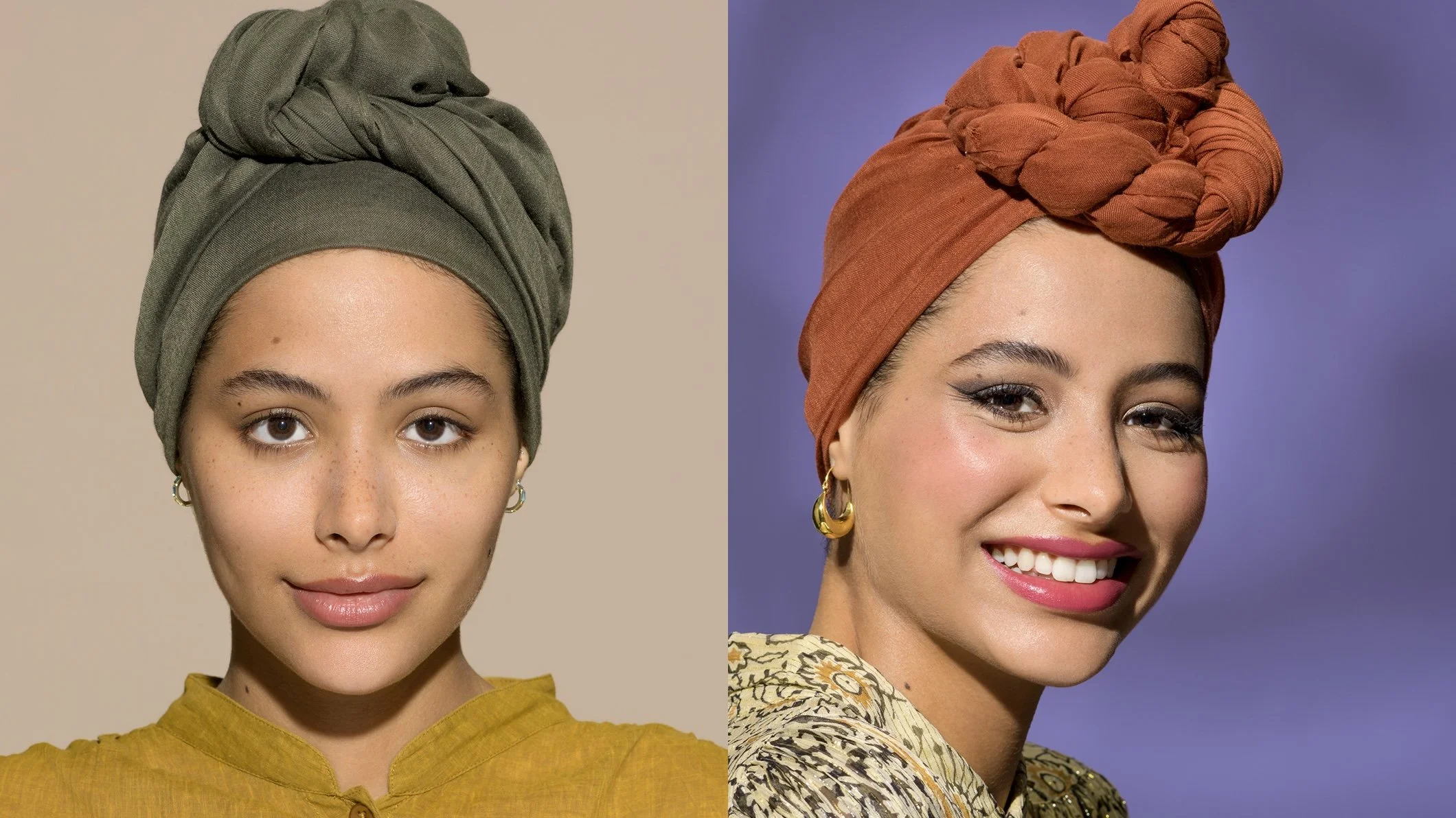 Deux femmes portent un foulard en tissu sur la tête, l'une en gris et l'autre en orange, avec des expressions faciales différentes, face côte à côte.
