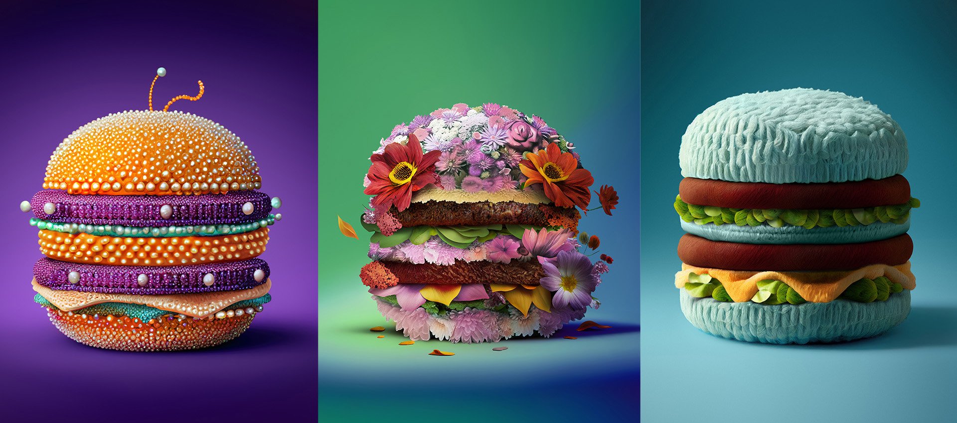 Trois objets en forme de hamburger composés de matériaux inhabituels : le premier en perles colorées, le deuxième en fleurs et gâteau, le troisième en tissus et feutre.
