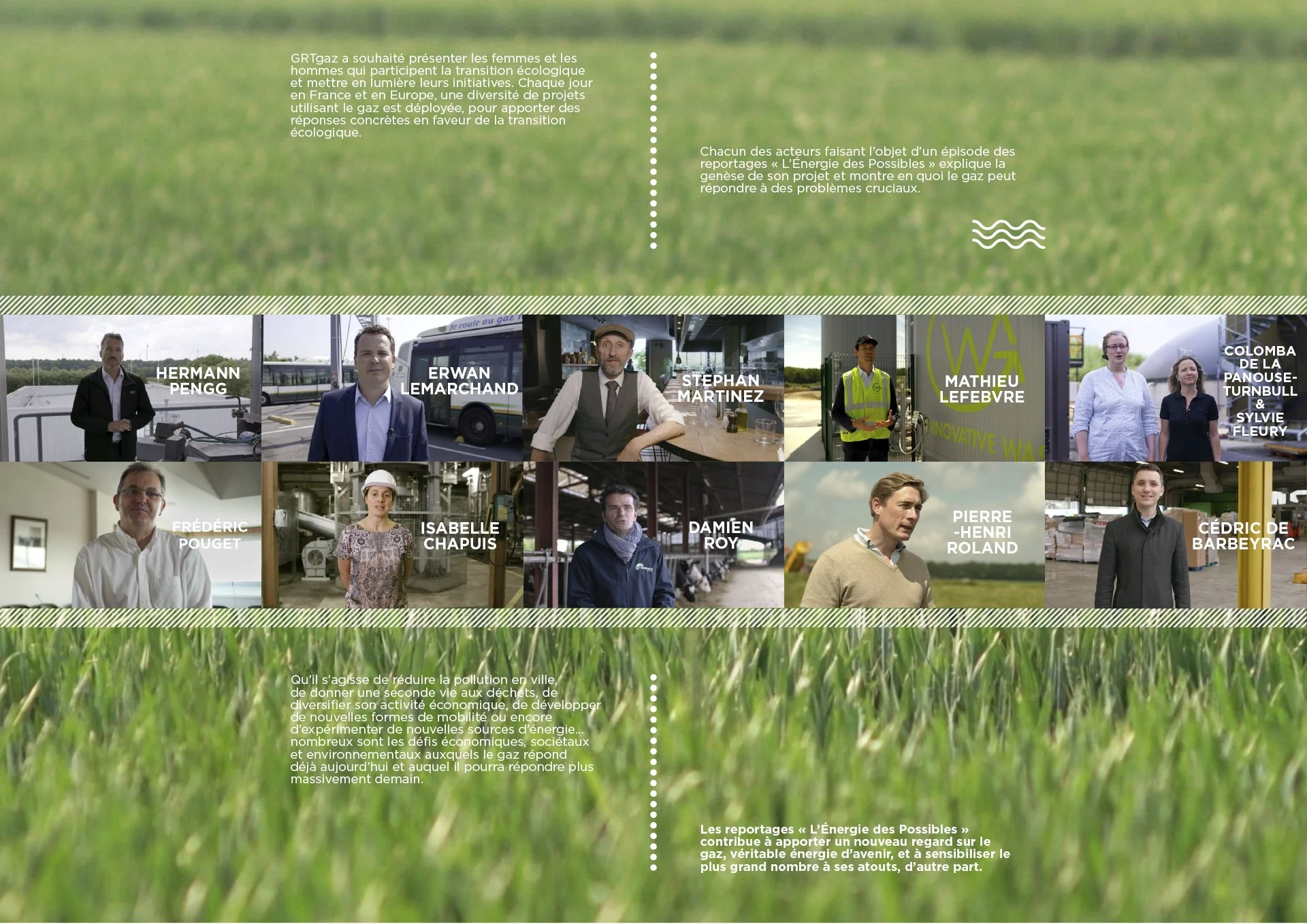 Une présentation sur la transition écologique et l'utilisation du gaz, avec des portraits de divers intervenants, dont Hermann Pengg, Erwan Lemarchand, Stephan Martínez, Mathieu Lefebvre, Colomba de la Panouse-Turnbull, Sylvie Fleury, Frédéric Pouget