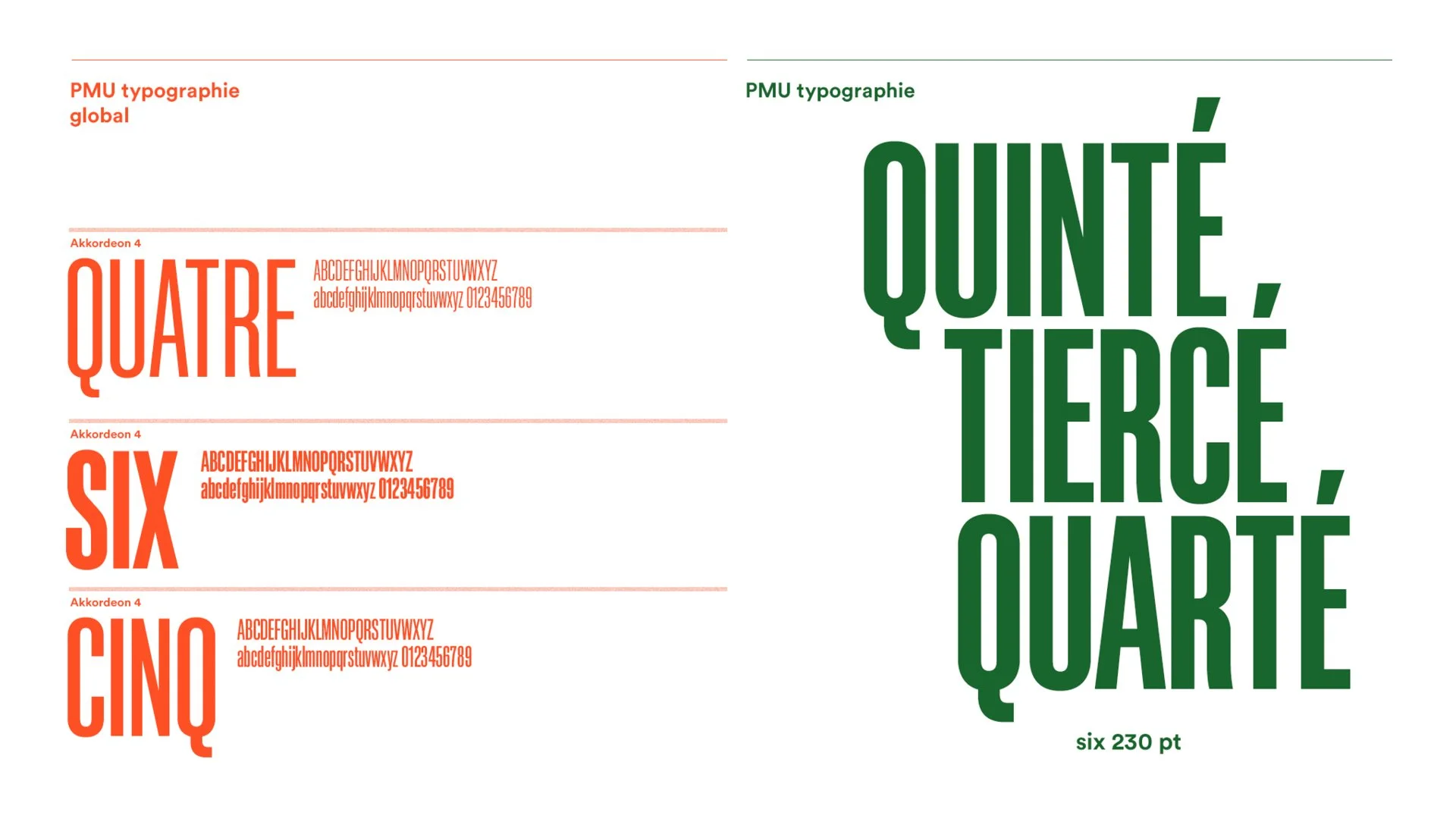 Présentation comparant deux styles de typographie, l'un en rouge avec des chiffres en gros et l'autre en vert avec un texte en majuscules, montrant différentes polices et tailles de caractères.