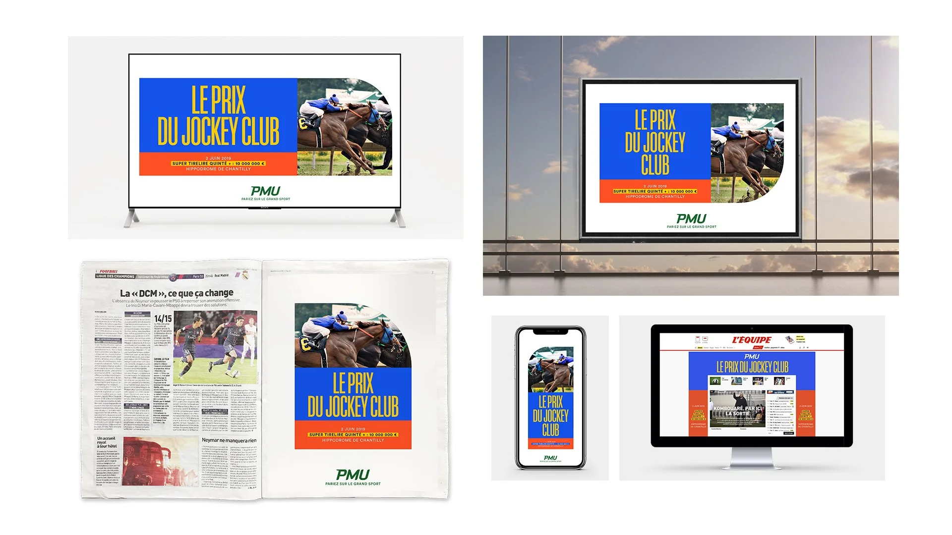 Affiche publicitaire pour le prix du Jockey Club à l'hippodrome de Chantilly, avec une photo de course de chevaux, texte en français, en couleur bleue, jaune, rouge et vert.