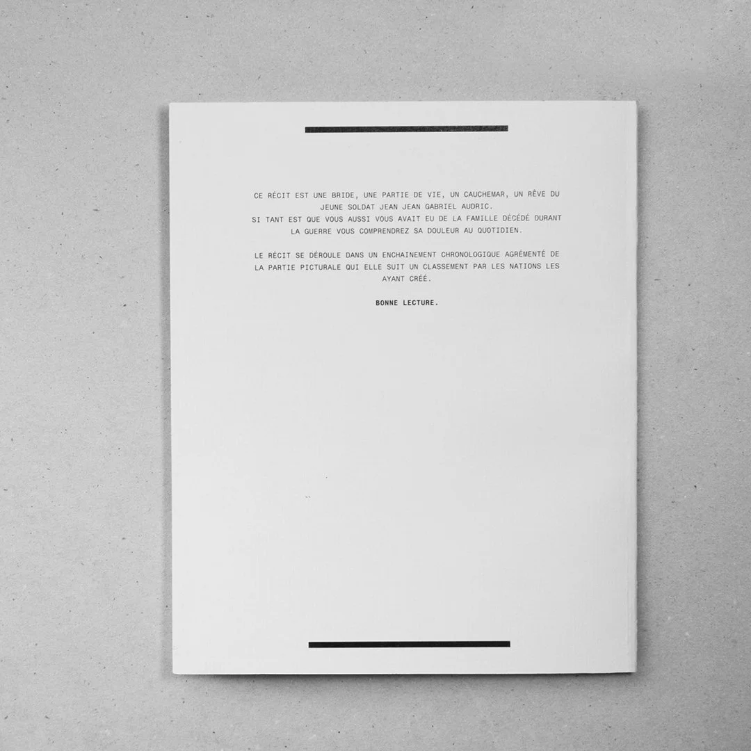 Page blanche avec texte en français évoquant un récit sur un soldat, des guerres, et un message de bonne lecture