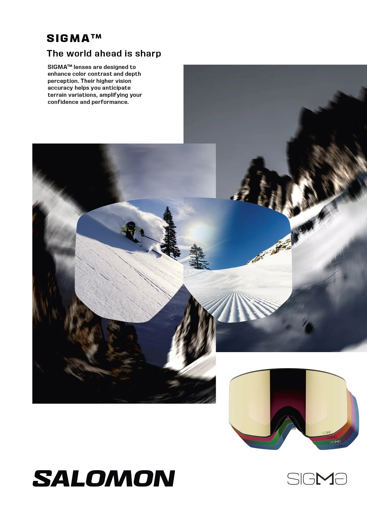 Page promotionnelle des lunettes de ski Salomon Sigma, montrant des images de skieurs en montagne enneigée, un soleil brillant et des montagnes, avec une paire de lunettes de ski colorées en première plan.