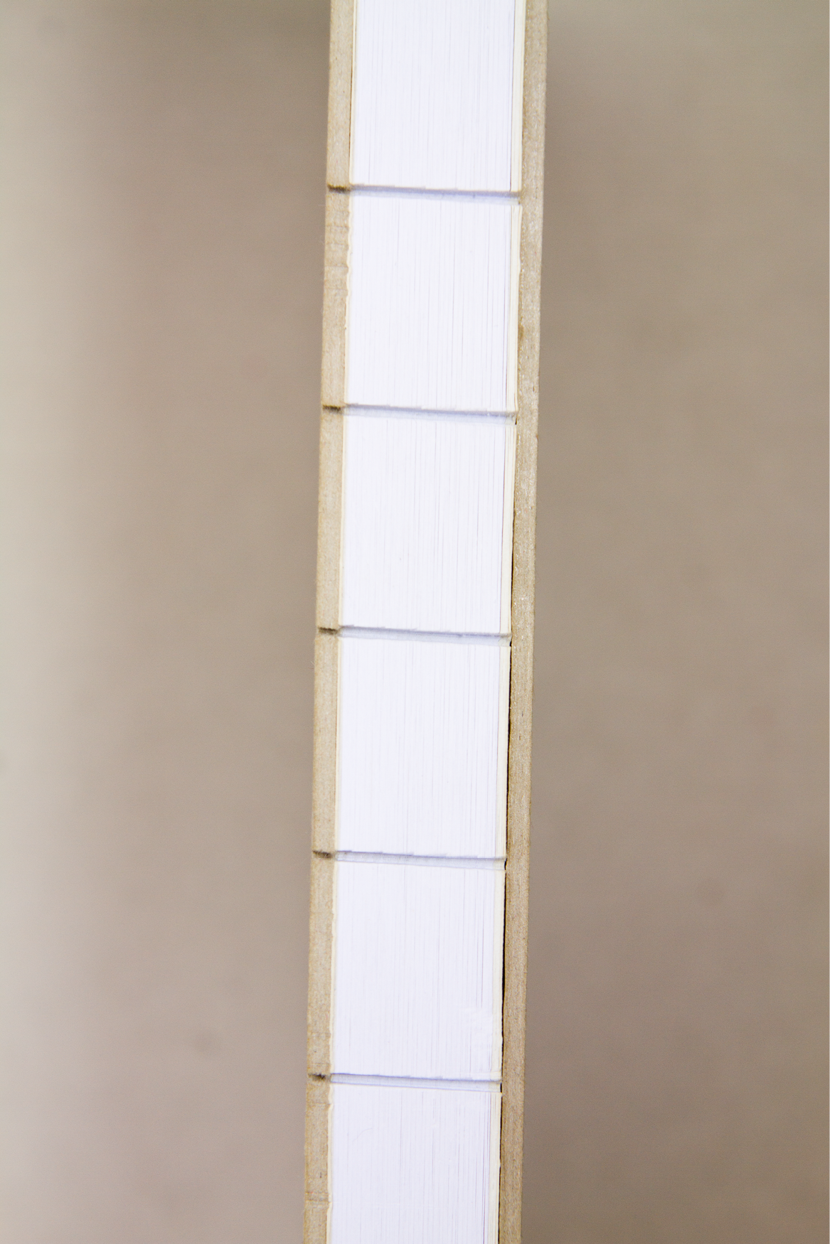Une planche de bois avec des segments de liège ou de papier blanc insérés dans des découpes. La planche est droite et verticale, contre un fond beige.