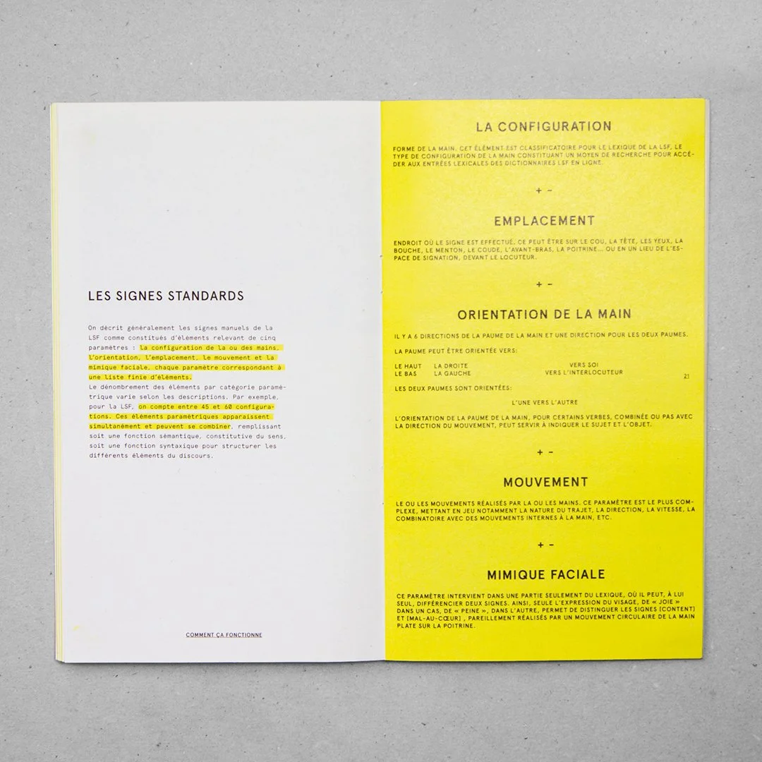 Page de manuel avec texte en français sur la configuration de la main, l'orientation faciale, le mouvement et la mimique faciale, avec une section en jaune et du texte noir.