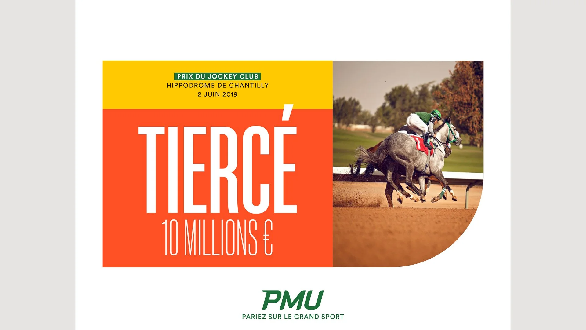 Une affiche promotionnelle pour une course hippique, indiquant un prix de 10 millions d'euros, avec une image d'un cheval et d'un jockey en pleine course sur une piste.