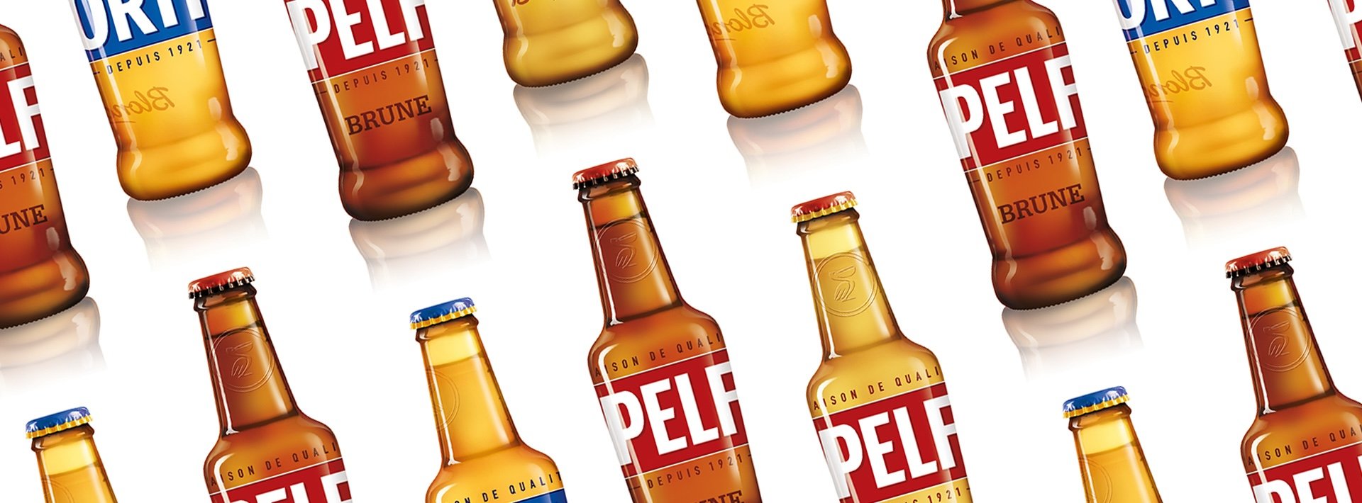 Motifs répétitifs de bouteilles de bière "Pelforth" en différentes orientations, avec étiquettes rouges et jaunes, dont certaines avec des caps de différentes couleurs, sur fond blanc.
