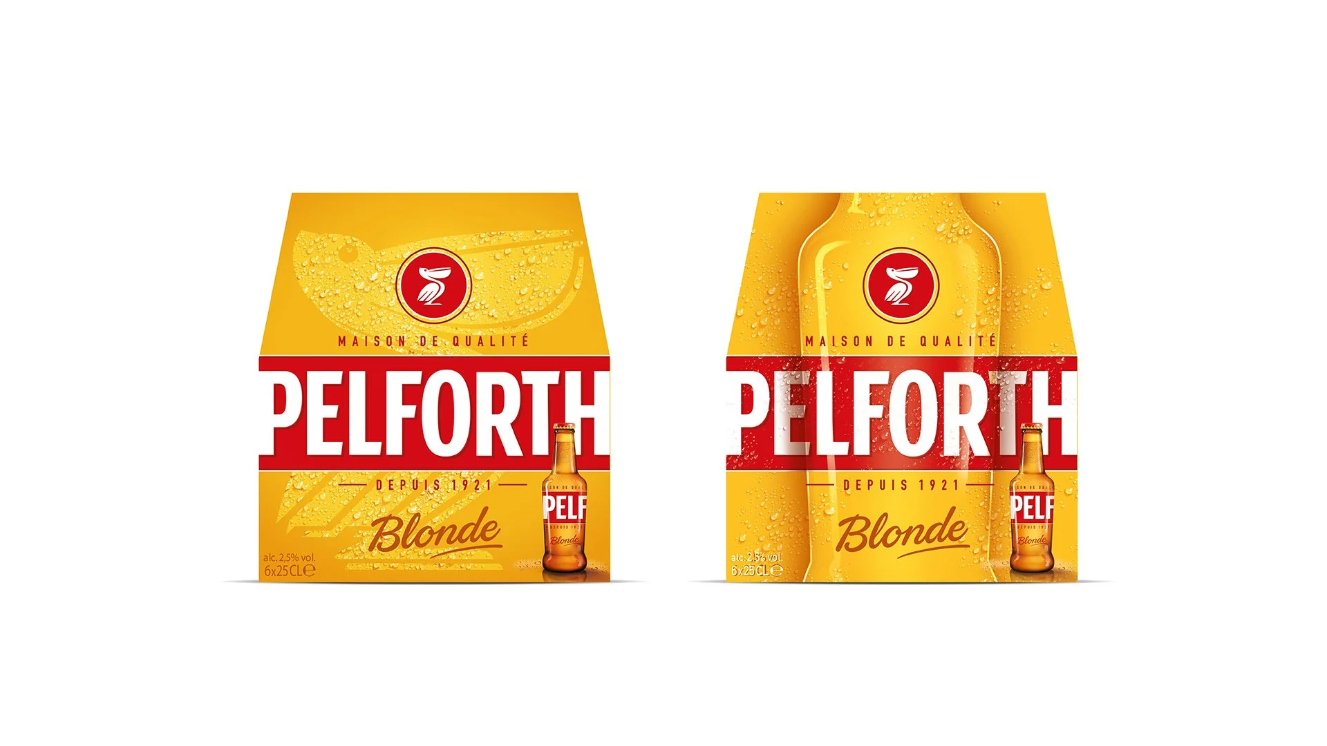 Deux paquets de bière Pelforth Blonde avec des bouteilles en dessous, affichés contre un fond blanc.