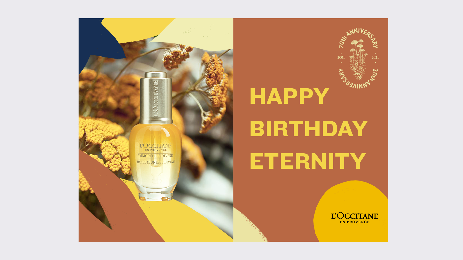 Une carte d'anniversaire de la marque L'Occitane avec un flacon de parfum et des fleurs jaunes, couleurs chaudes et textes en français célébrant un anniversaire de 20 ans.
