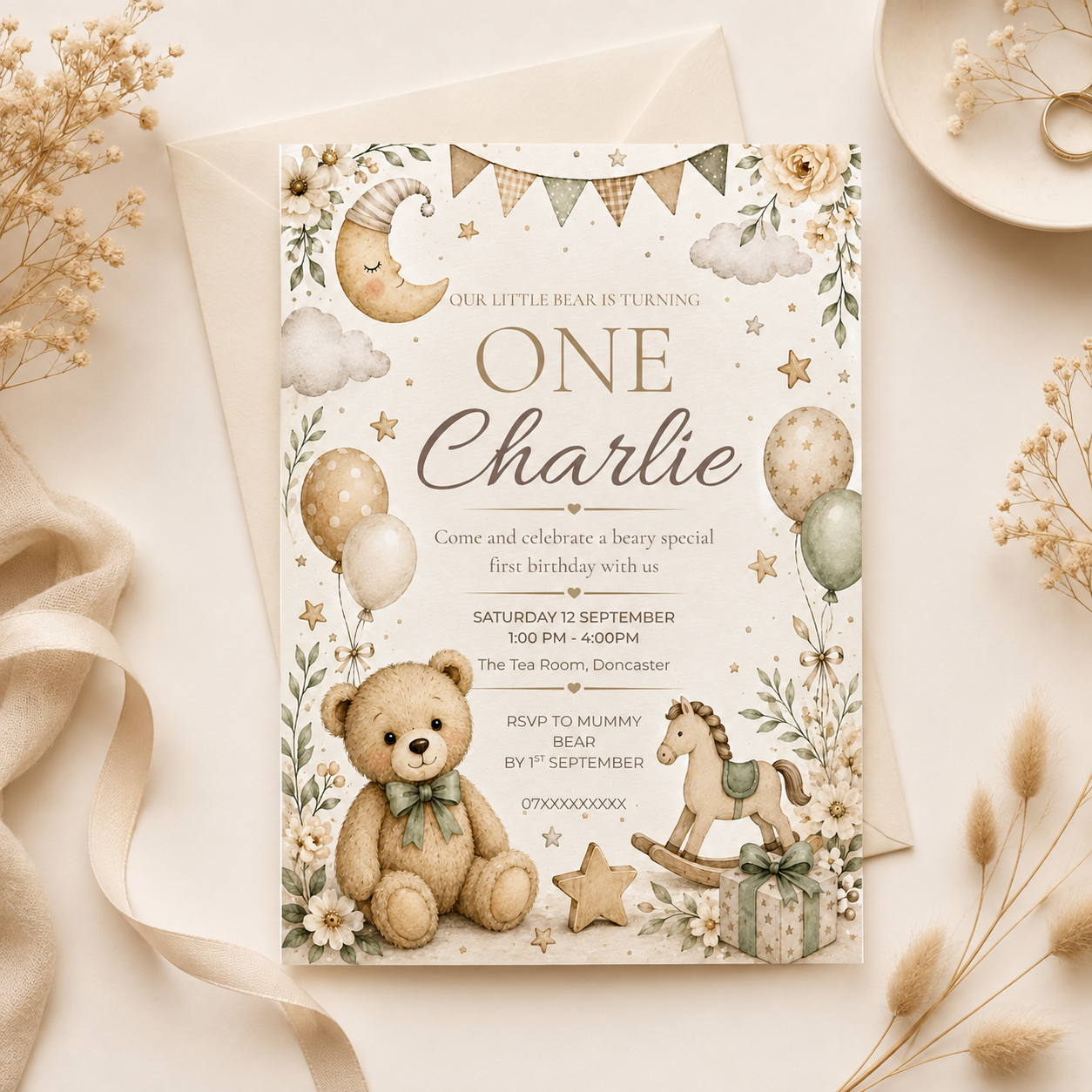 Neutral Teddy Bear First Birthday Invitation | Editable Canva Template